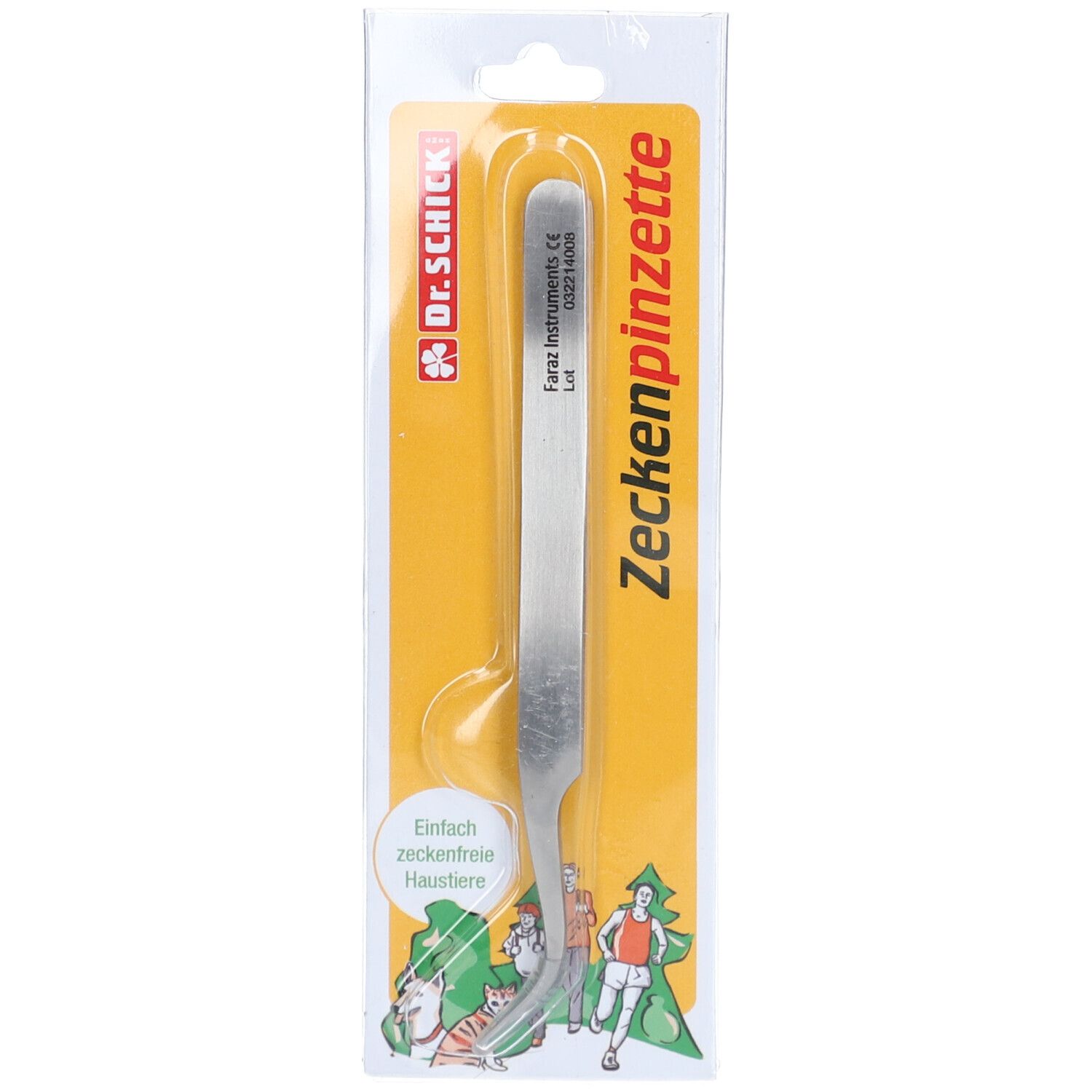 Pinzette aus Edelstahl, gebogene Spitze, in Blisterverpackung. Aufdruck: "ZECKENPINZETTE", "Dr. Schick".