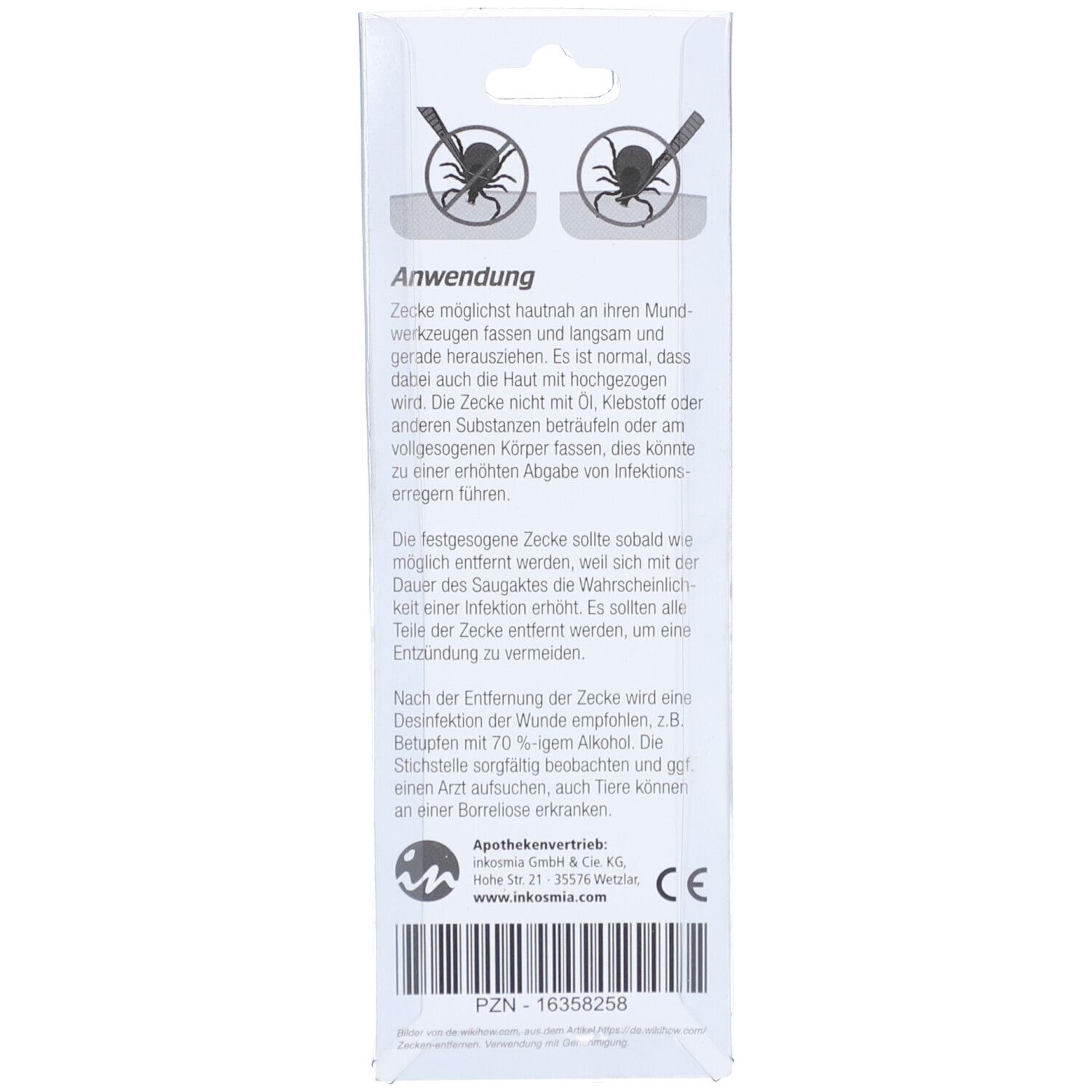 Rückseite der Blisterverpackung mit Text zur Anwendung der Pinzette. Unten: Logo, CE-Zeichen, PZN-Nummer.