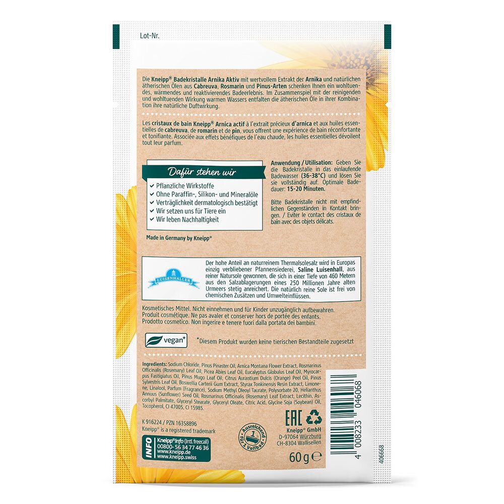 Rückseite des Badekristalle-Beutels mit Text und Inhaltsstoffen. Enthält Informationen zu Inhaltsstoffen, Anwendung und Qualitätssiegeln.