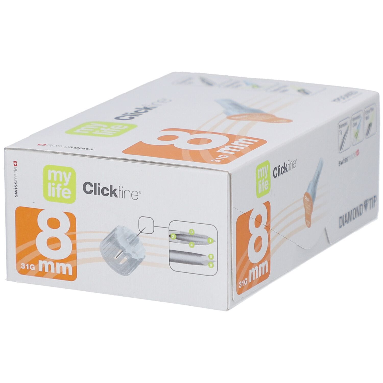 Verpackung von mylife Clickfine Diamond Tip Pen Nadeln 8 mm. Orangefarbene und blaue Elemente. Swiss Made.