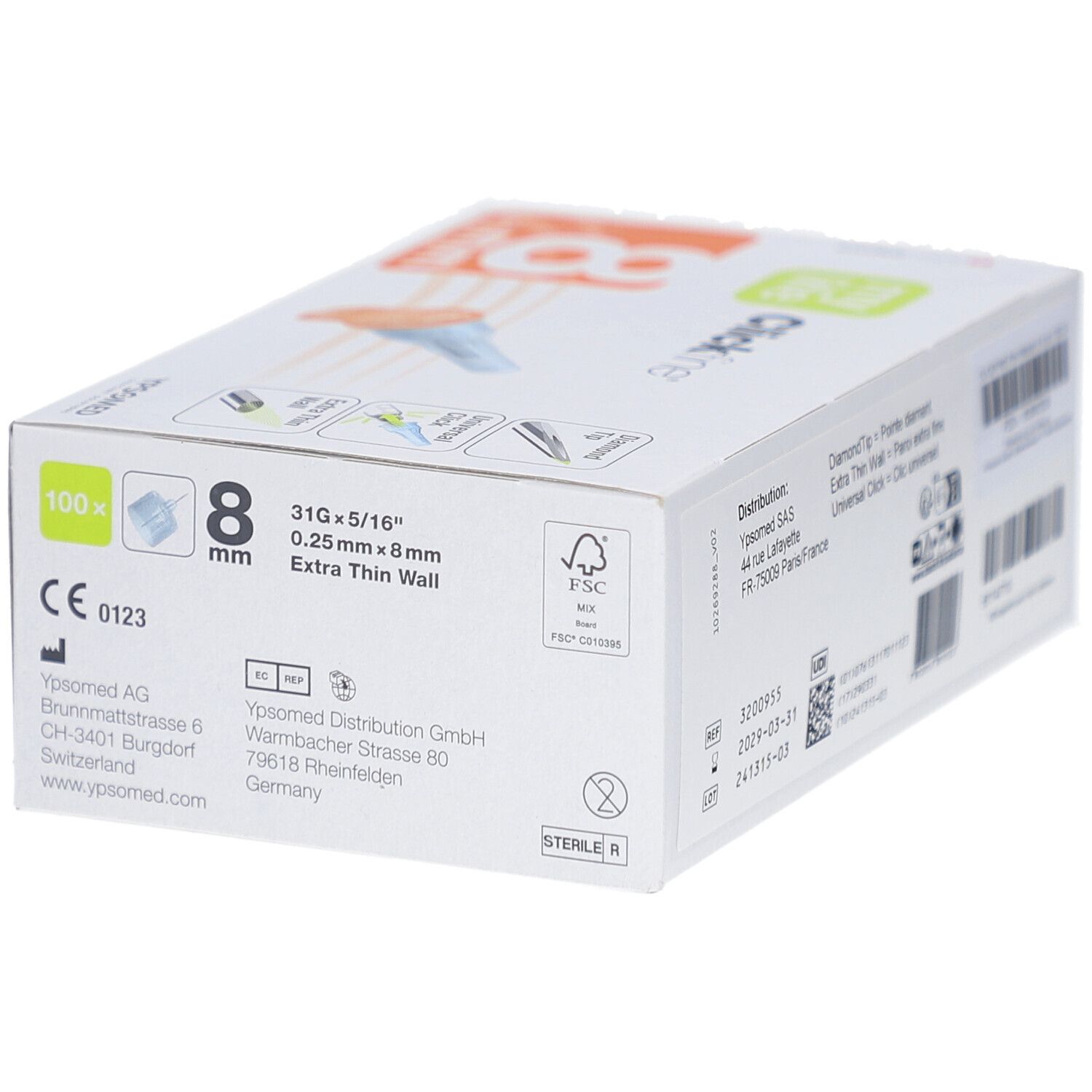 Verpackung von mylife Clickfine Pen Nadeln 8 mm. 100 Stück. CE-Kennzeichnung. FSC-Zertifizierung.