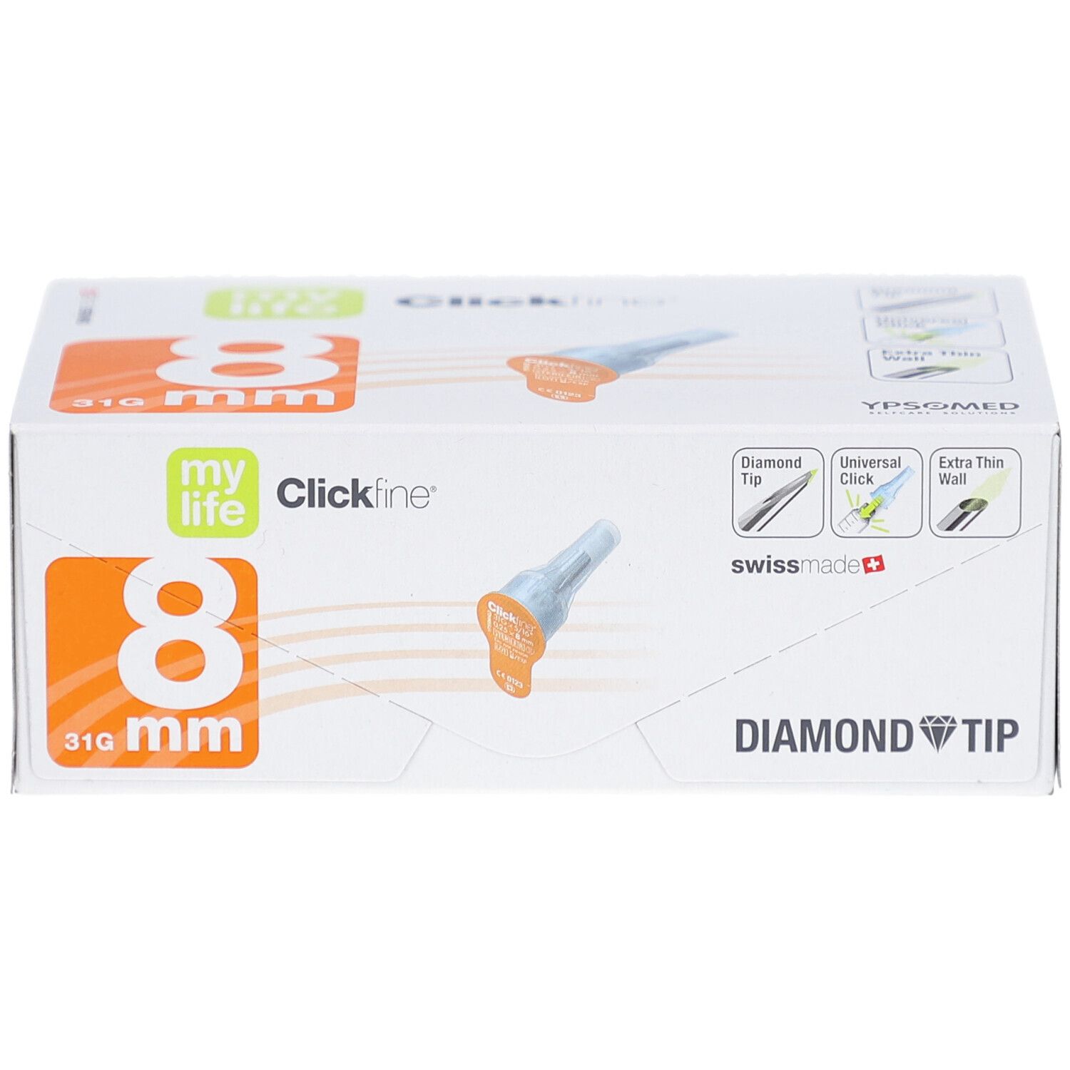 Verpackung von mylife Clickfine Diamond Tip Pen Nadeln 8 mm. Orangefarbene und blaue Elemente. Swiss Made.