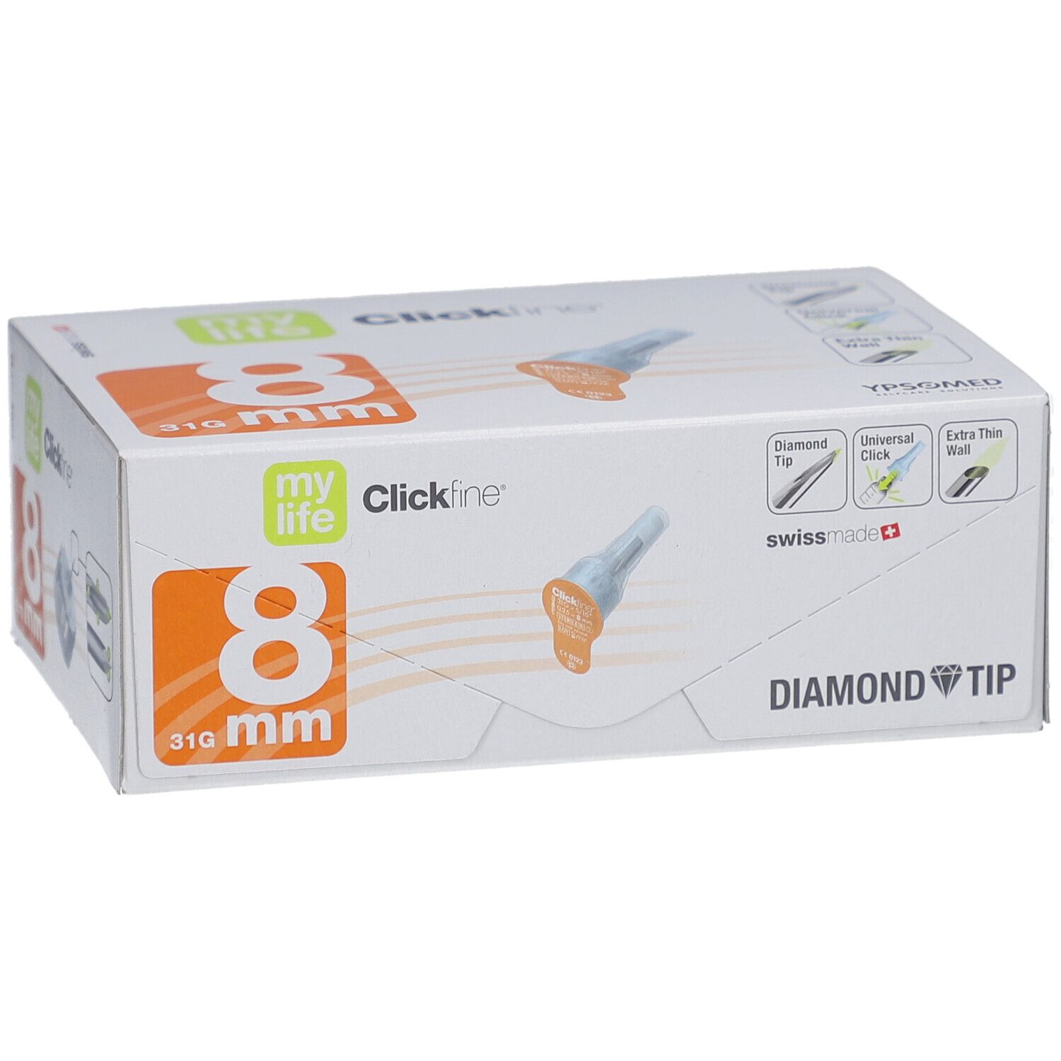Verpackung von mylife Clickfine Diamond Tip Pen Nadeln 8 mm. Orangefarbene und blaue Elemente. Swiss Made.