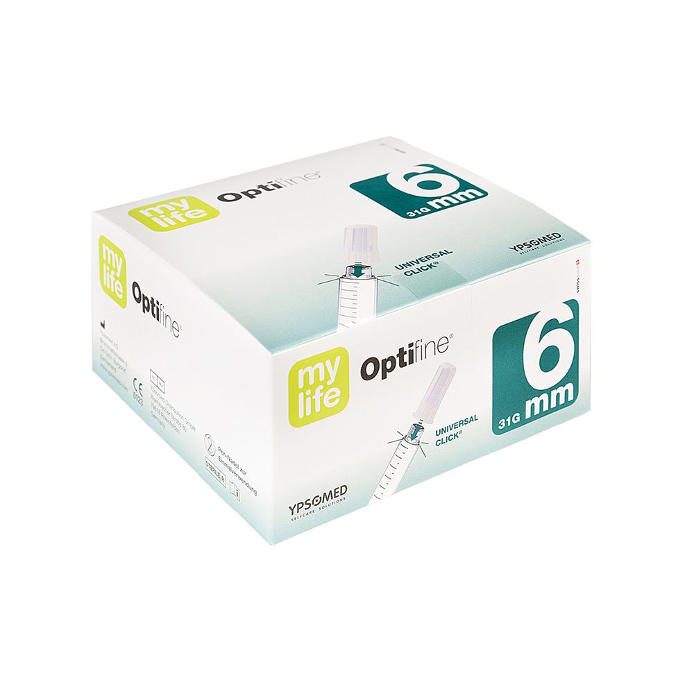 Verpackung mit mylife Optifine Nadeln. 6 mm, 31G. Aufdrucke: Optifine, mylife, Universal Click.