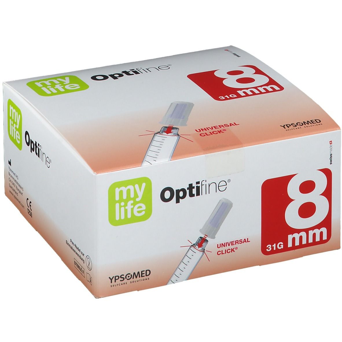 Verpackung mit Produktabbildung. Aufschrift: myLife Optifine 8 mm, 31G. Hersteller: YPSOMED.