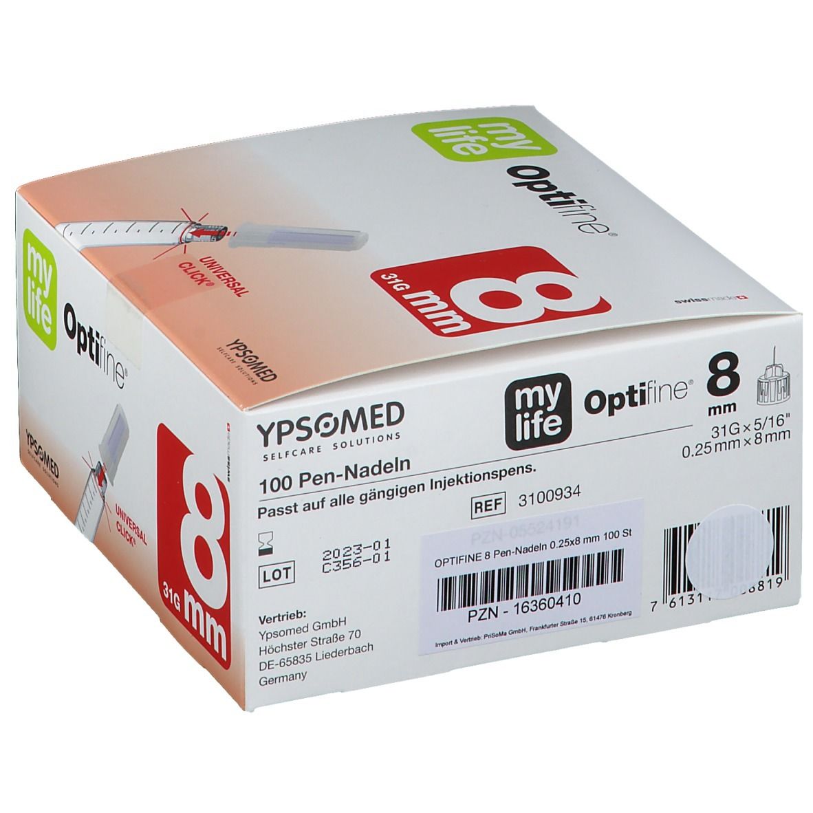Verpackung mit Produktabbildung. Aufschrift: myLife Optifine 8 mm, 31G. Enthält 100 Pen-Nadeln. Hersteller: YPSOMED.