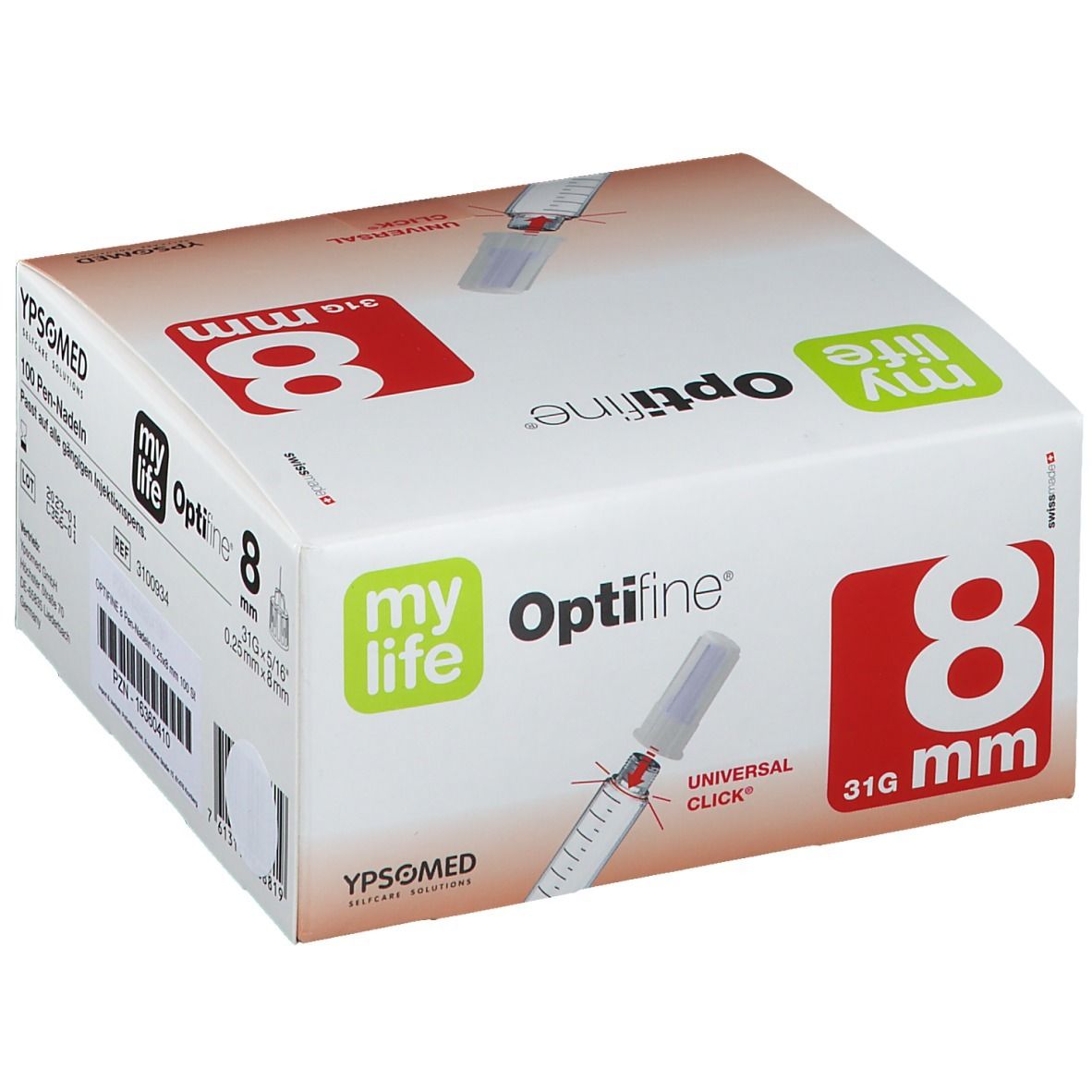 Verpackung mit Produktabbildung. Aufschrift: myLife Optifine 8 mm, 31G. Hersteller: YPSOMED.