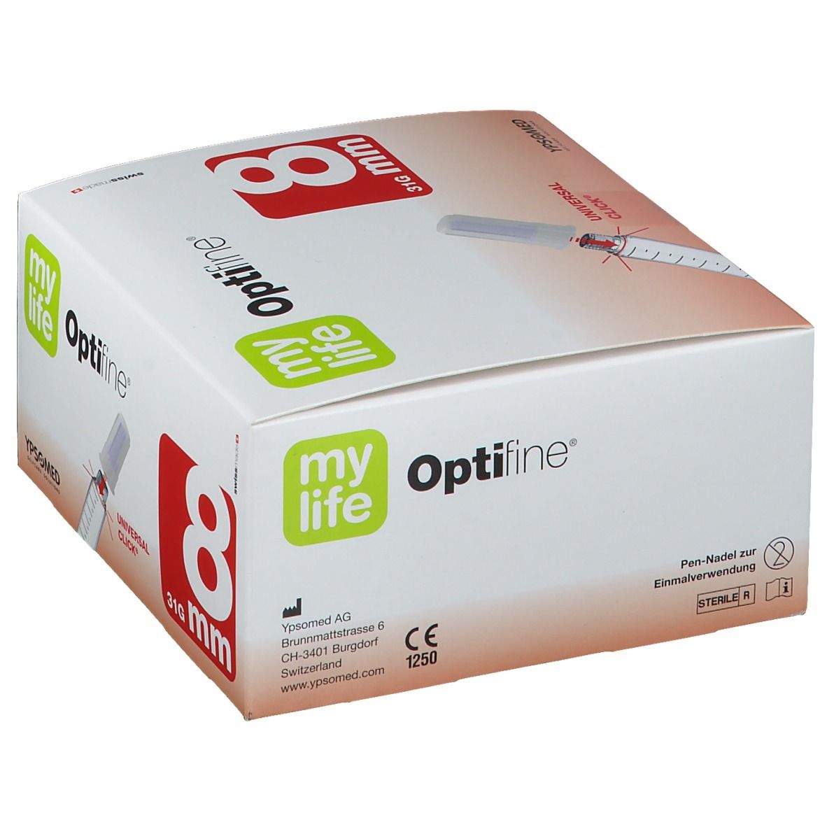 Verpackung mit Produktabbildung. Aufschrift: myLife Optifine 8 mm, 31G. Hersteller: YPSOMED.