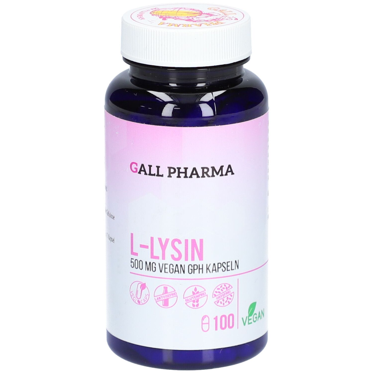 Dunkelblaue Flasche mit weißen Deckel. Aufkleber mit rosa Farbverlauf. Schriftzug: GALL PHARMA, L-LYSIN, 500 mg Vegan GPH Kapseln. 100 Kapseln, Vegan.