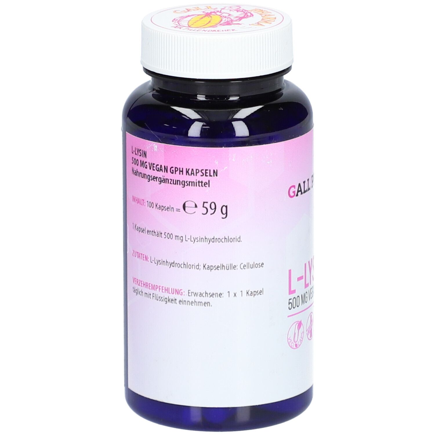 Dunkelblaue Flasche mit weißen Deckel. Aufkleber mit rosa Farbverlauf. Schriftzug: L-LYSIN, 500 mg Vegan GPH Kapseln. Inhalt: 100 Kapseln. 59g. Zutaten, Verzehrempfehlung.