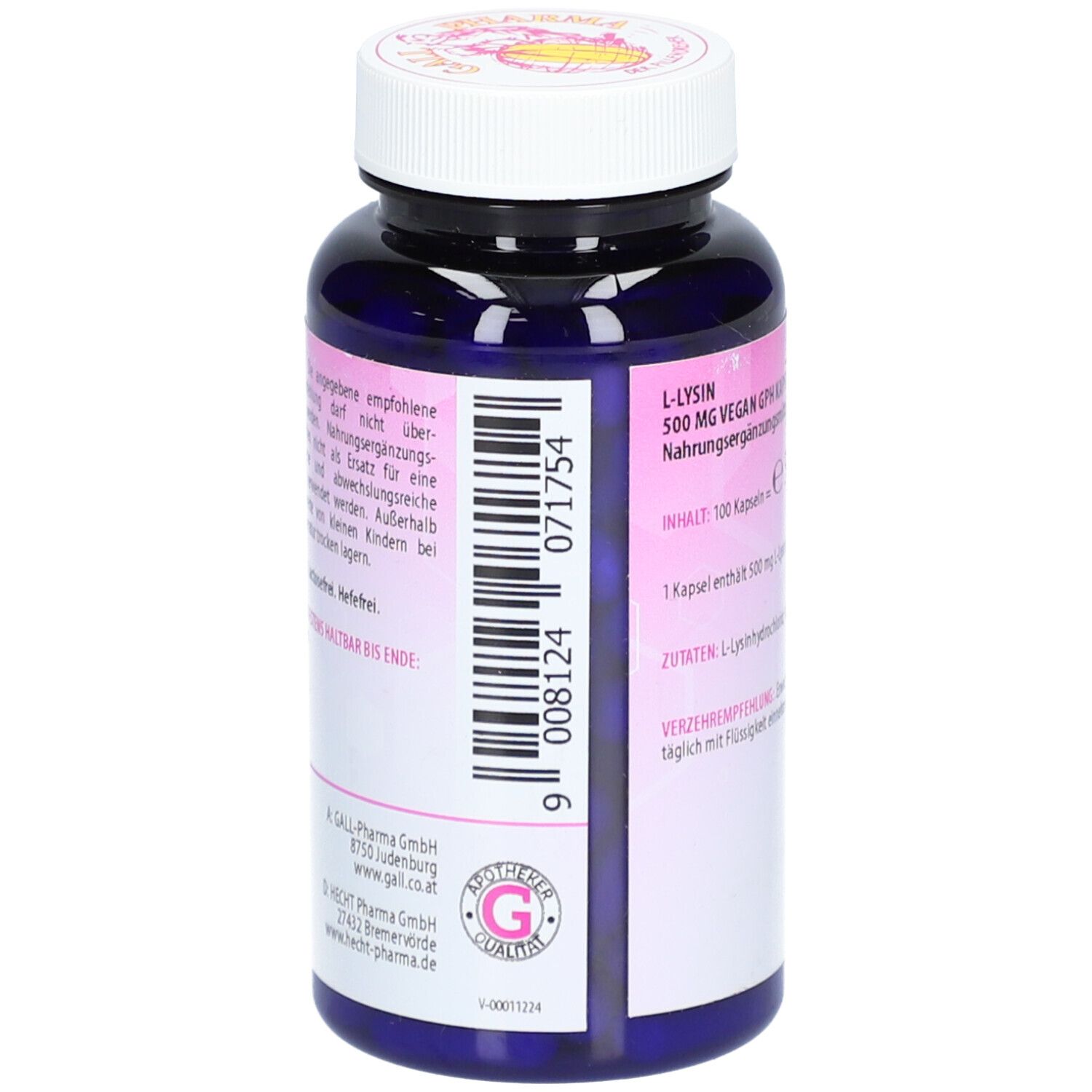 Dunkelblaue Flasche mit weißen Deckel. Aufkleber mit rosa Farbverlauf. Barcode. Schriftzug: L-LYSIN, 500 mg Vegan GPH Kapseln. Inhalt: 100 Kapseln. Herstellerinformationen.