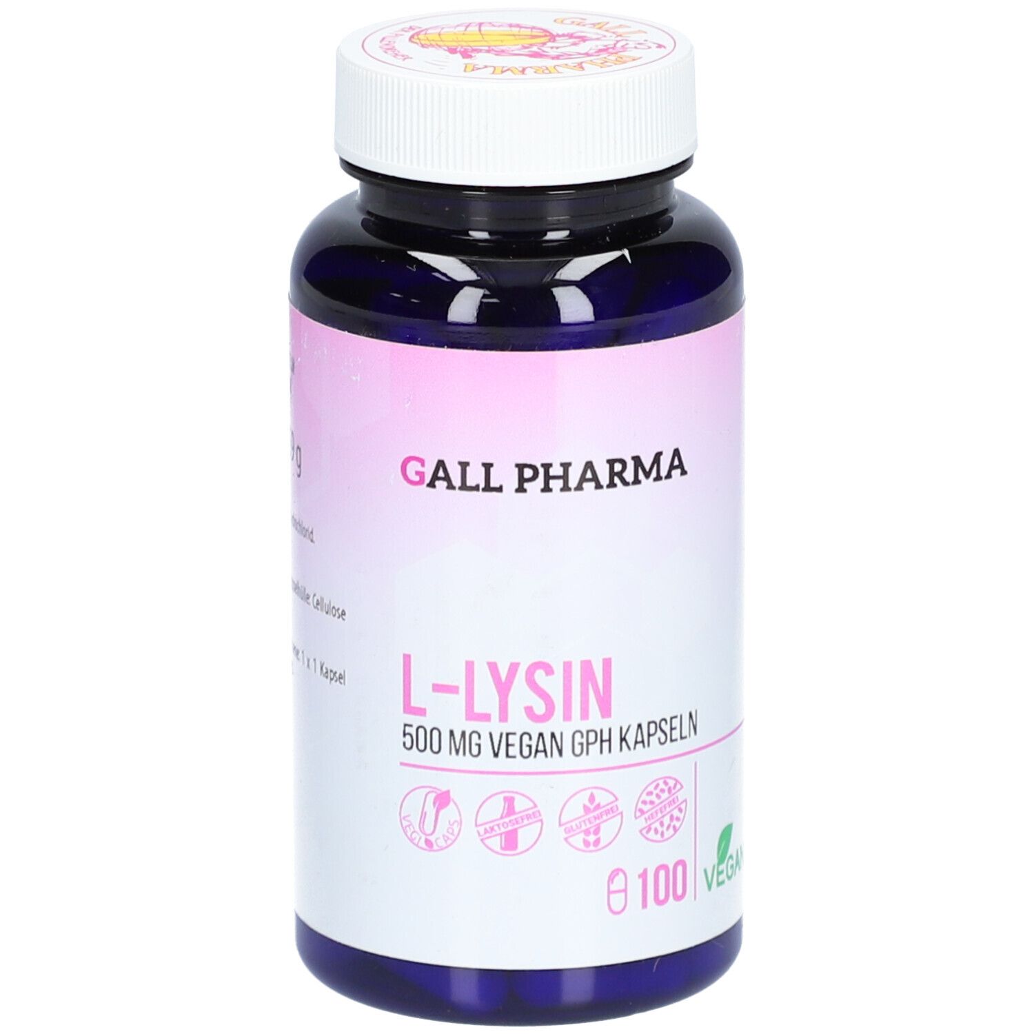 Dunkelblaue Flasche mit weißen Deckel. Aufkleber mit rosa Farbverlauf. Schriftzug: GALL PHARMA, L-LYSIN, 500 mg Vegan GPH Kapseln. 100 Kapseln, Vegan.