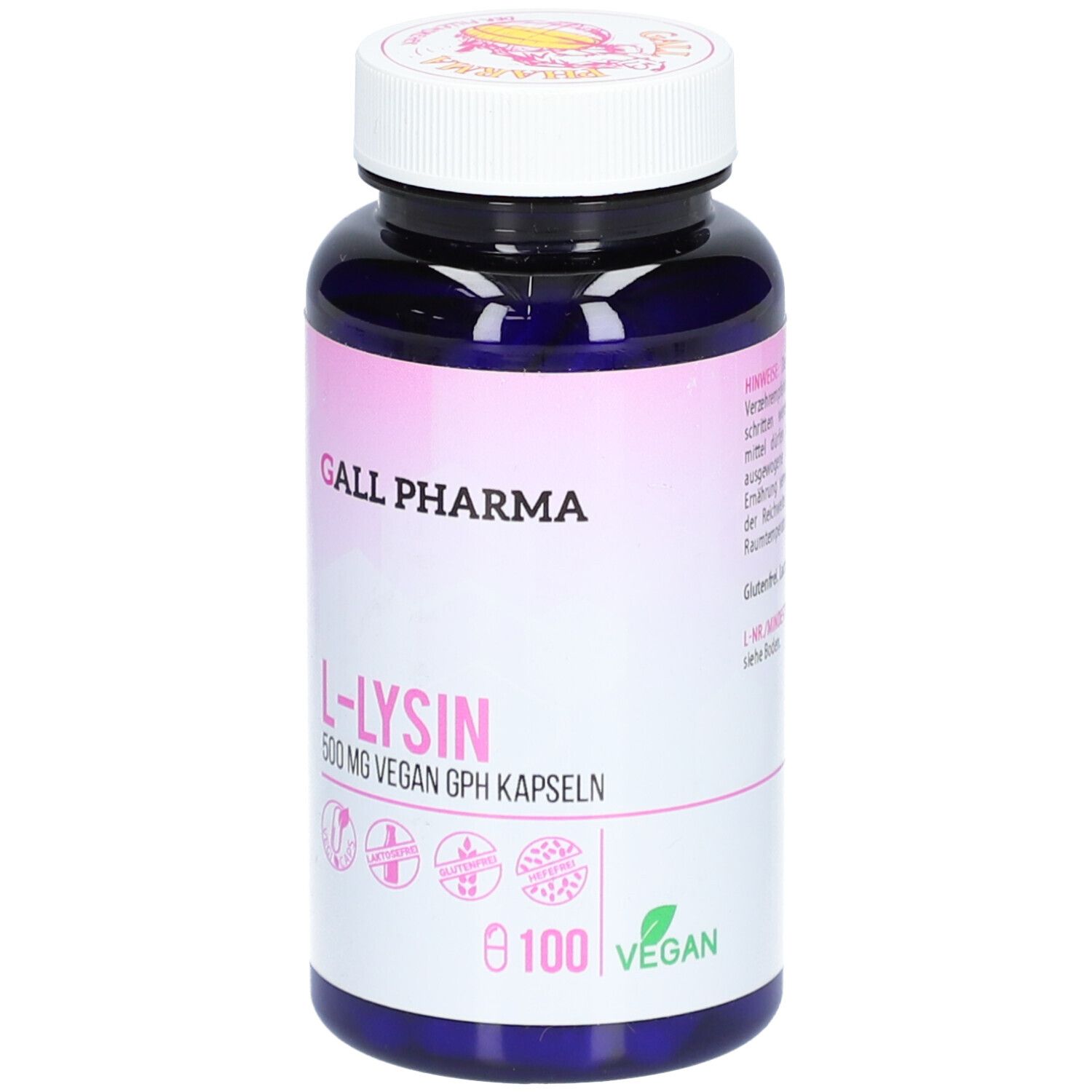 Dunkelblaue Flasche mit weißen Deckel. Aufkleber mit rosa Farbverlauf. Schriftzug: GALL PHARMA, L-LYSIN, 500 mg Vegan GPH Kapseln. 100 Kapseln, Vegan.