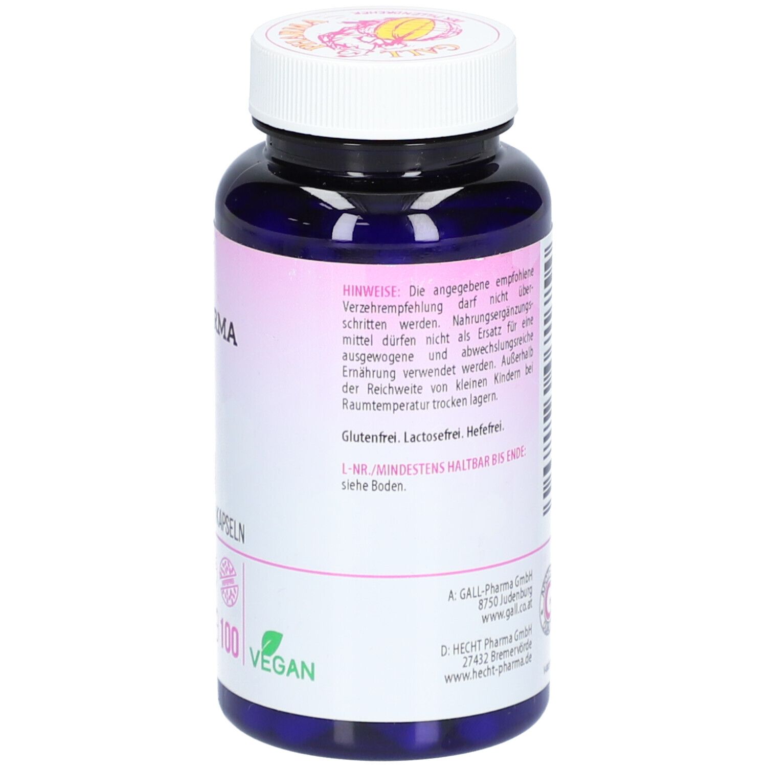 Dunkelblaue Flasche mit weißen Deckel. Aufkleber mit rosa Farbverlauf. Schriftzug: L-LYSIN, 500 mg Vegan GPH Kapseln. 100 Kapseln, Vegan. Hinweise, Herstellerinformationen.