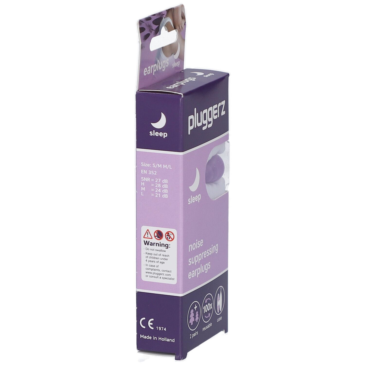 Seitenansicht der Verpackung mit geräuschunterdrückenden Ohrstöpseln. Marke: Pluggerz. Text: sleep, noise suppressing earplugs. Größenangaben: S/M/L.