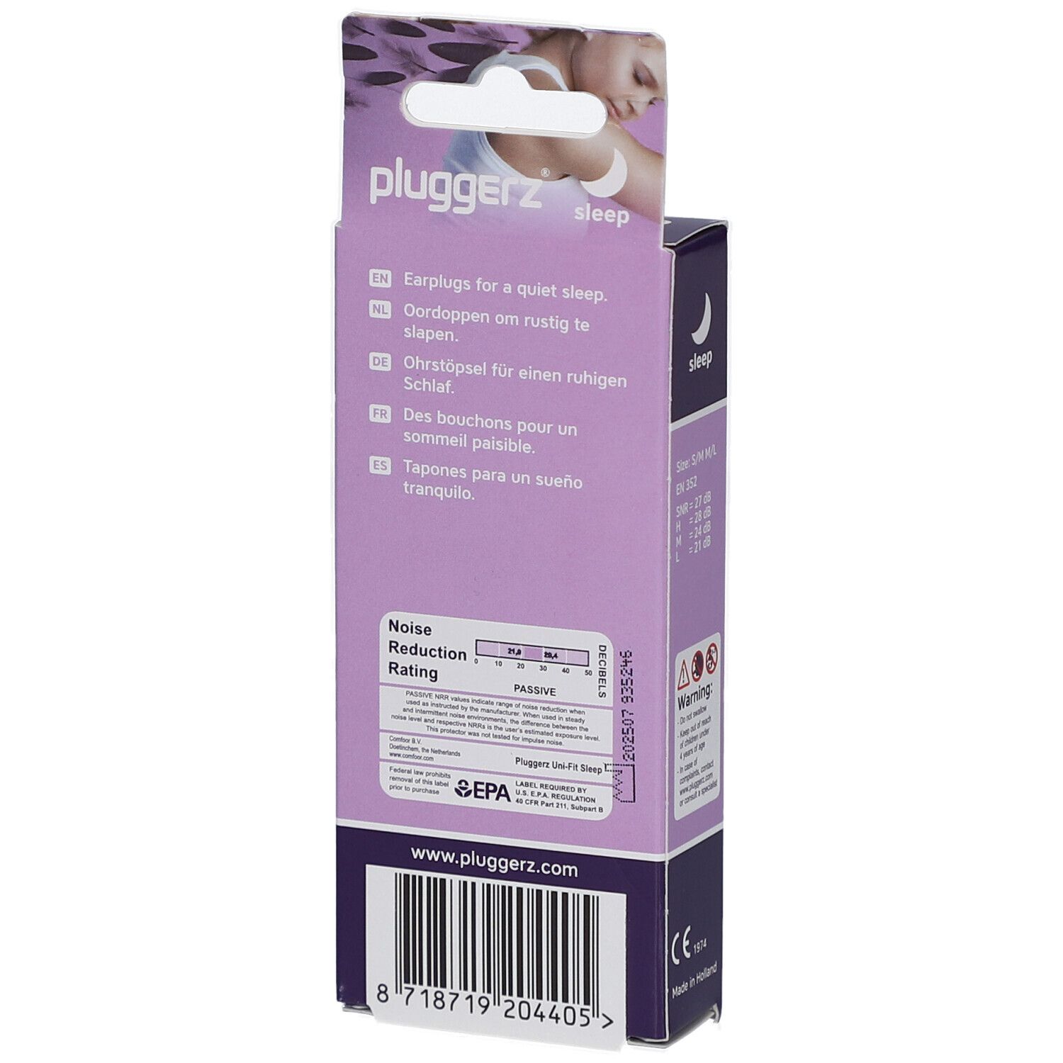 Rückseite der Verpackung mit geräuschunterdrückenden Ohrstöpseln. Text in mehreren Sprachen. Marke: Pluggerz. Barcode. Informationen zur Geräuschreduzierung.