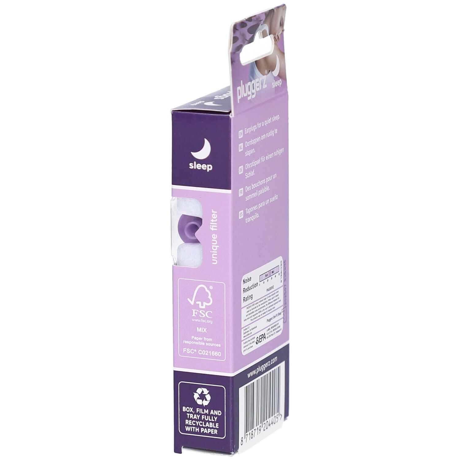 Seitenansicht der Verpackung mit geräuschunterdrückenden Ohrstöpseln. Marke: Pluggerz. Text: unique filter, FSC-Zertifizierung. Recycling-Symbol.
