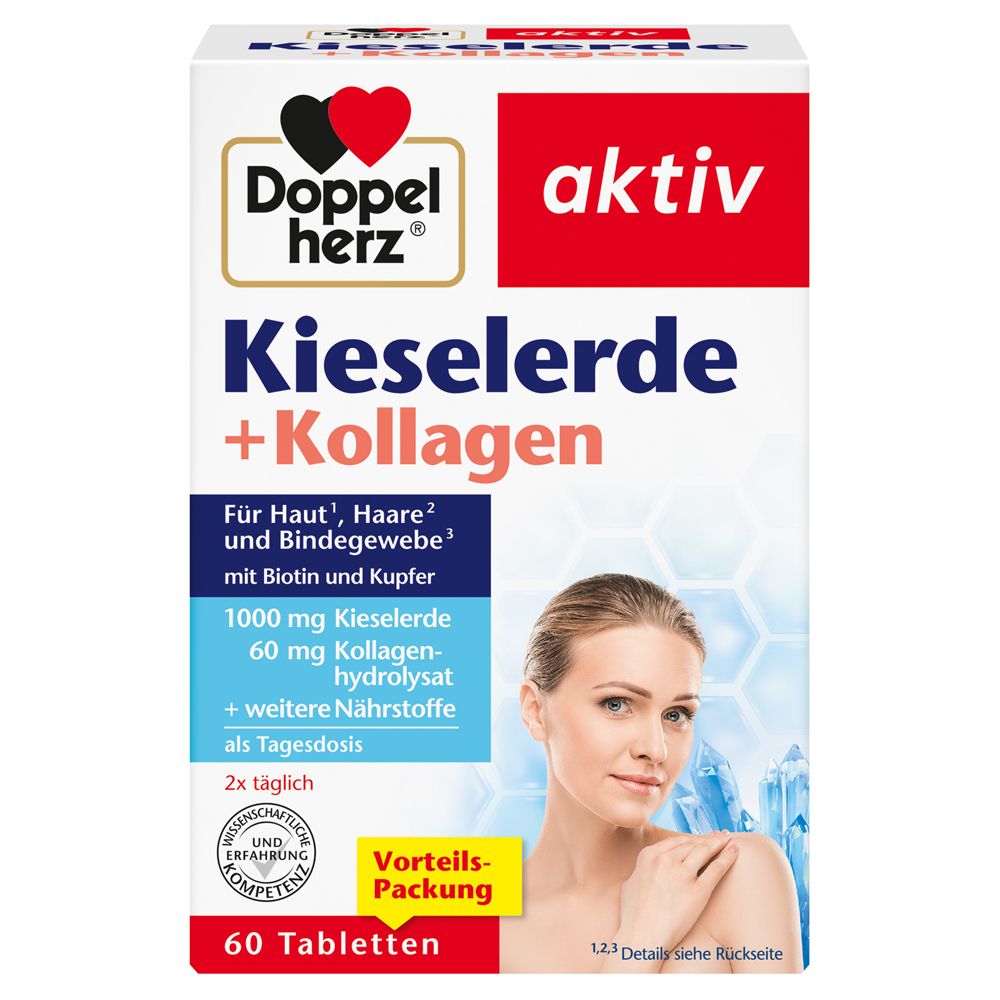 Doppelherz aktiv Kieselerde + Kollagen. Weiße Packung mit Produktinformationen und einer Frau. 60 Tabletten.