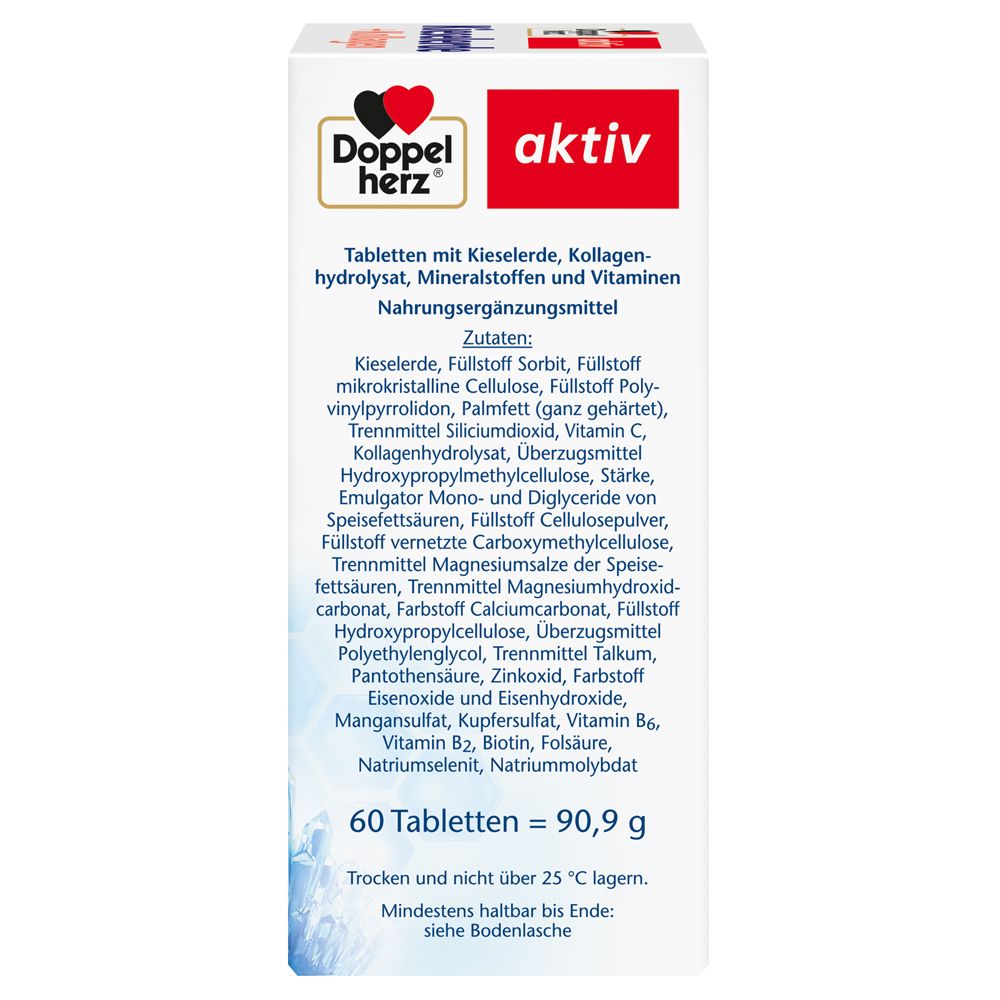 Doppelherz aktiv Kieselerde + Kollagen Packung. Zutatenliste und Nährwertangaben. 60 Tabletten = 90,9 g.