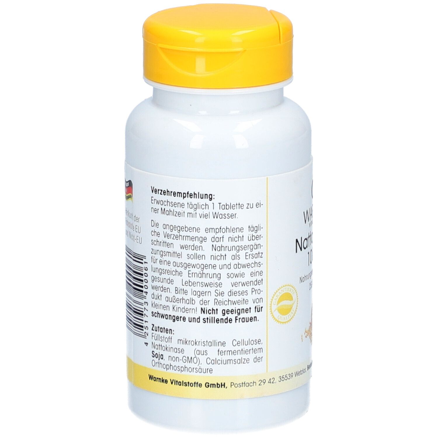 Rückseite der weißen Flasche mit gelbem Deckel. Text: Verzehrempfehlung, Zutaten, Warnhinweise. Hergestellt in Deutschland.