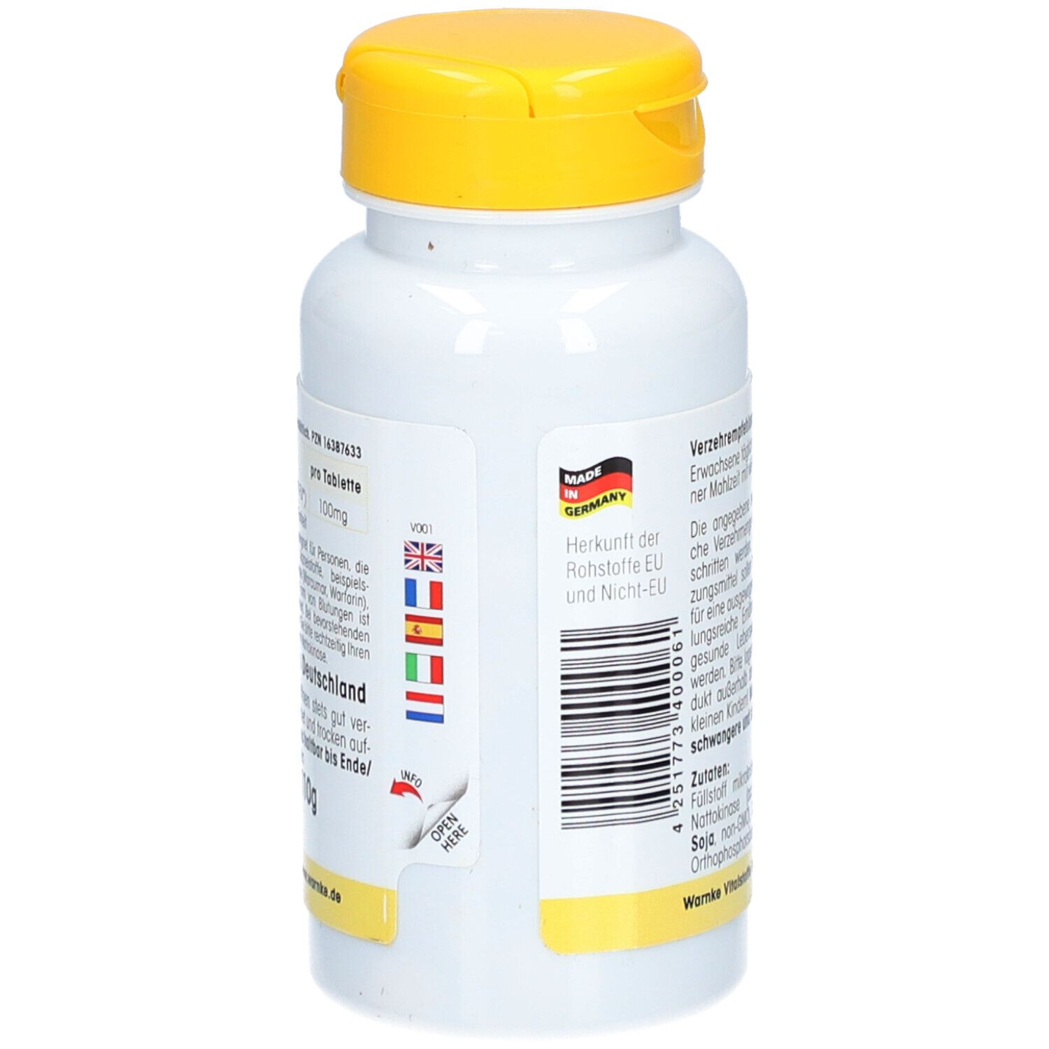Rückseite der weißen Flasche mit gelbem Deckel. Text: Herkunft EU und Nicht-EU. Barcode. Flaggen von Deutschland, Frankreich, Italien, Spanien.