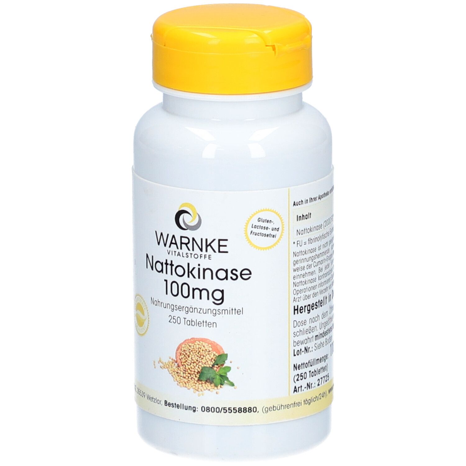 Weiße Flasche mit gelbem Deckel. Aufschrift: WARNKE Nattokinase 100mg. Nahrungsergänzungsmittel. 250 Tabletten. Gluten- und laktosefrei.