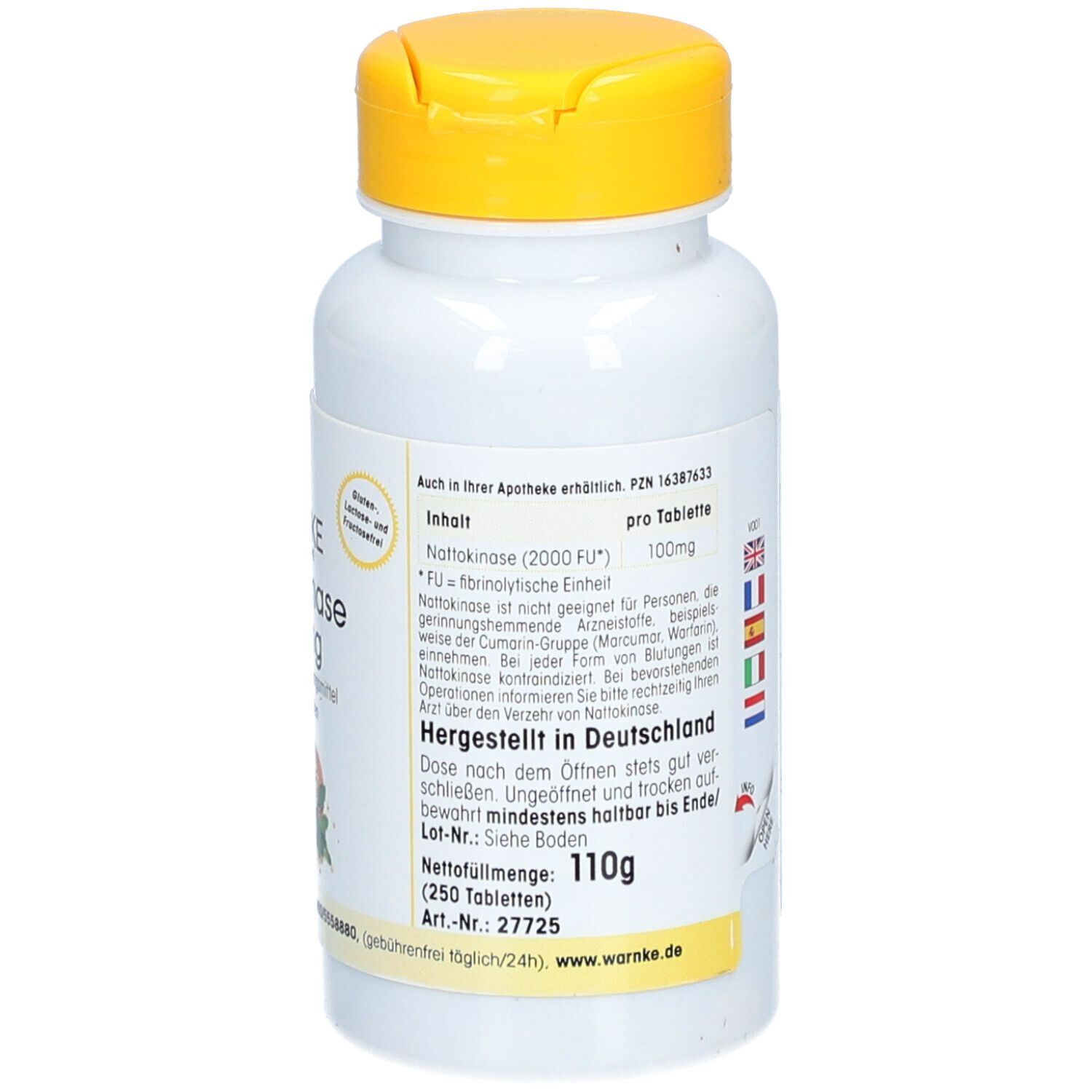 Rückseite der weißen Flasche mit gelbem Deckel. Text: Inhalt, Nettomenge 110g (250 Tabletten). Hergestellt in Deutschland.