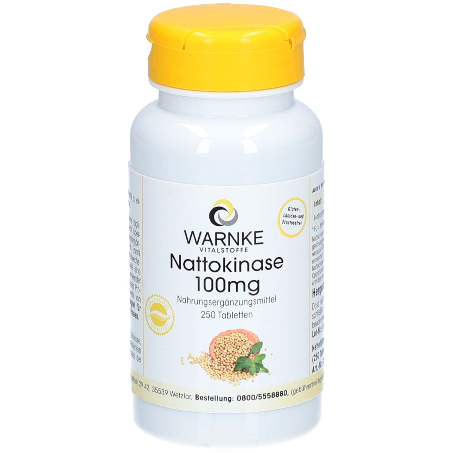 Weiße Flasche mit gelbem Deckel. Aufschrift: WARNKE Nattokinase 100mg. Nahrungsergänzungsmittel. 250 Tabletten. Abbildung von Sojabohnen und Minze.