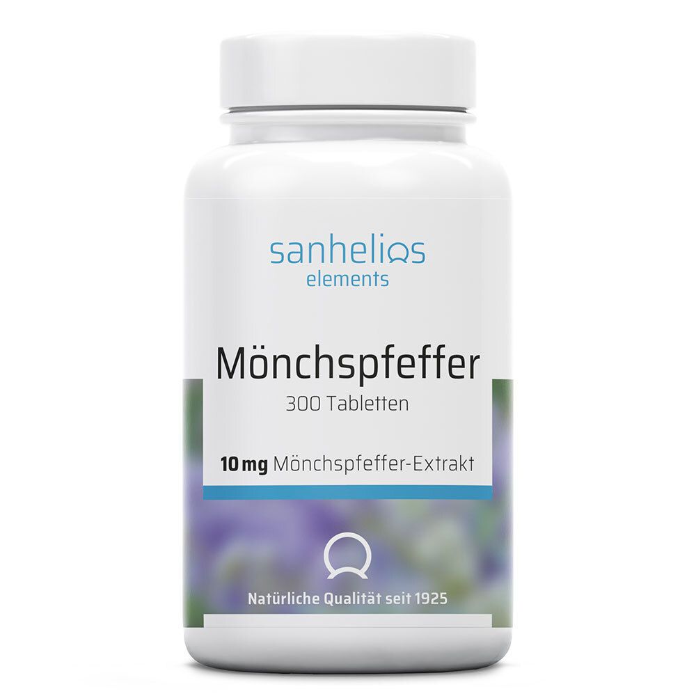 Weiße Tablettenflasche mit Schraubverschluss. Aufschrift: Sanhelios, Mönchspfeffer 10 mg, 300 Tabletten.