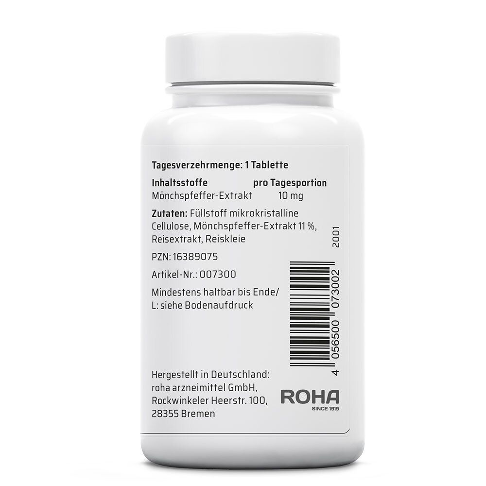 Rückseite der Tablettenflasche. Text: Tagesverzehrmenge: 1 Tablette, Inhaltsstoffe, PZN, Artikel-Nr., Mindesthaltbarkeit, Hersteller.