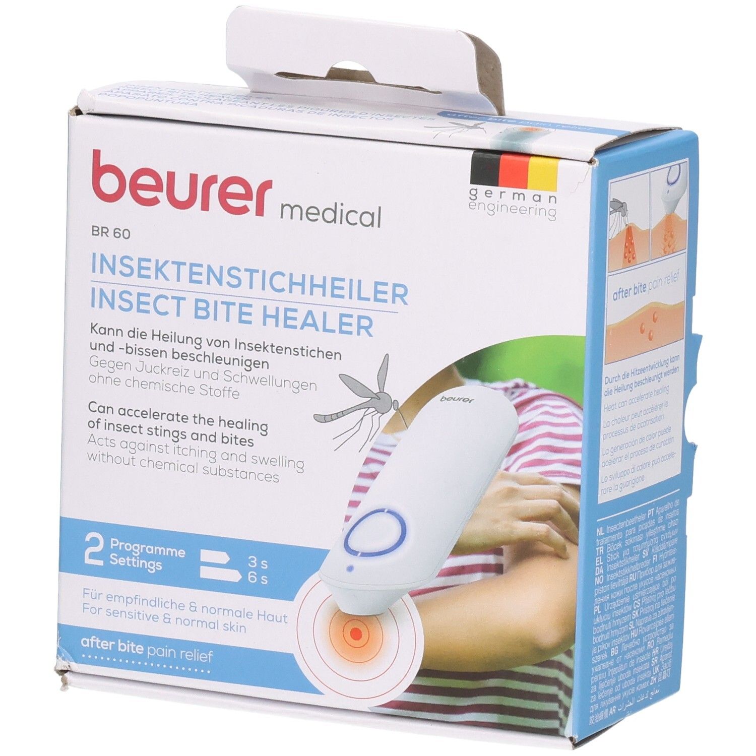 Beurer BR 60 Insektenstichheiler auf Verpackung, mit deutschen und englischen Produktinformationen.