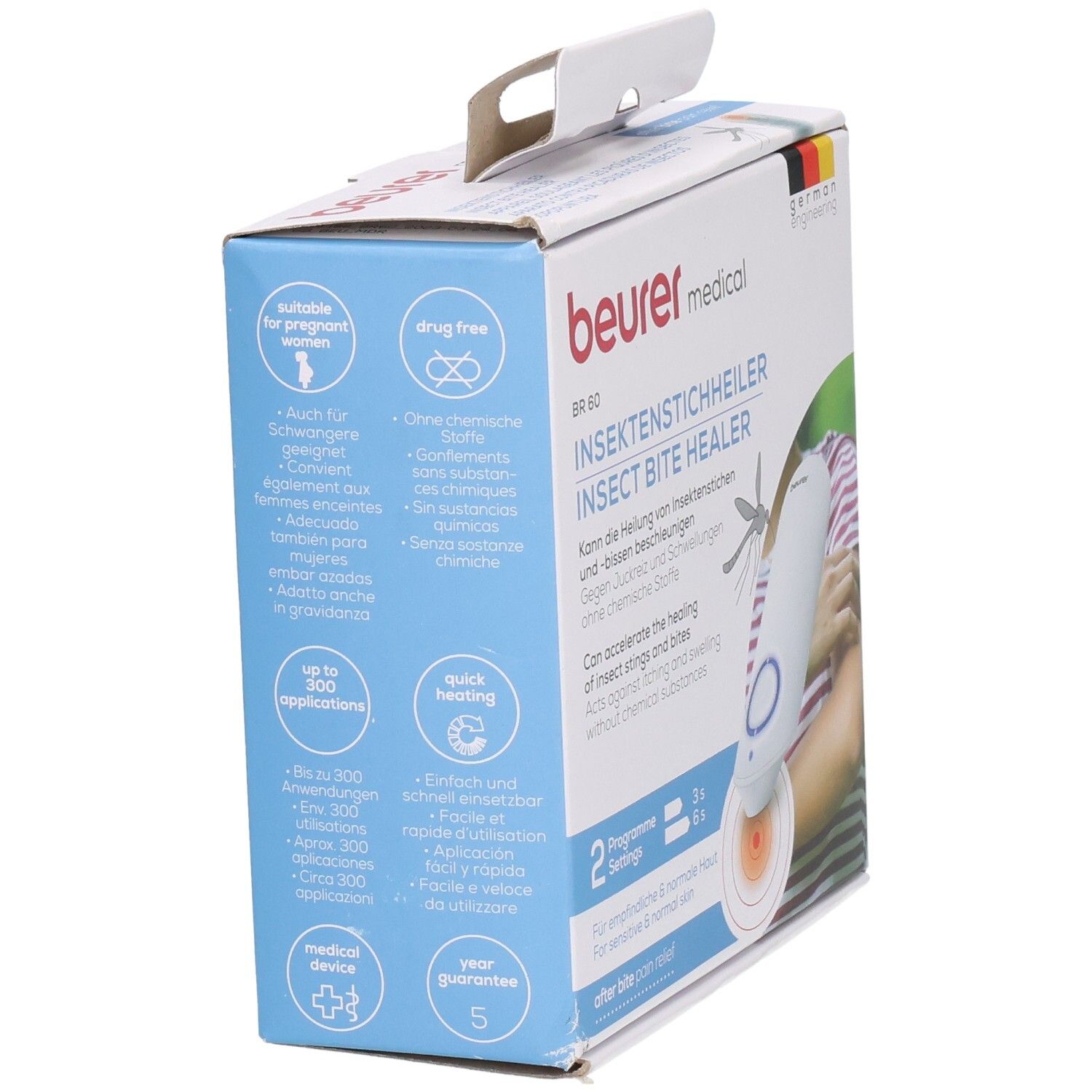 Rückseite der Beurer BR 60 Verpackung mit Anwendungshinweisen und Produktmerkmalen.