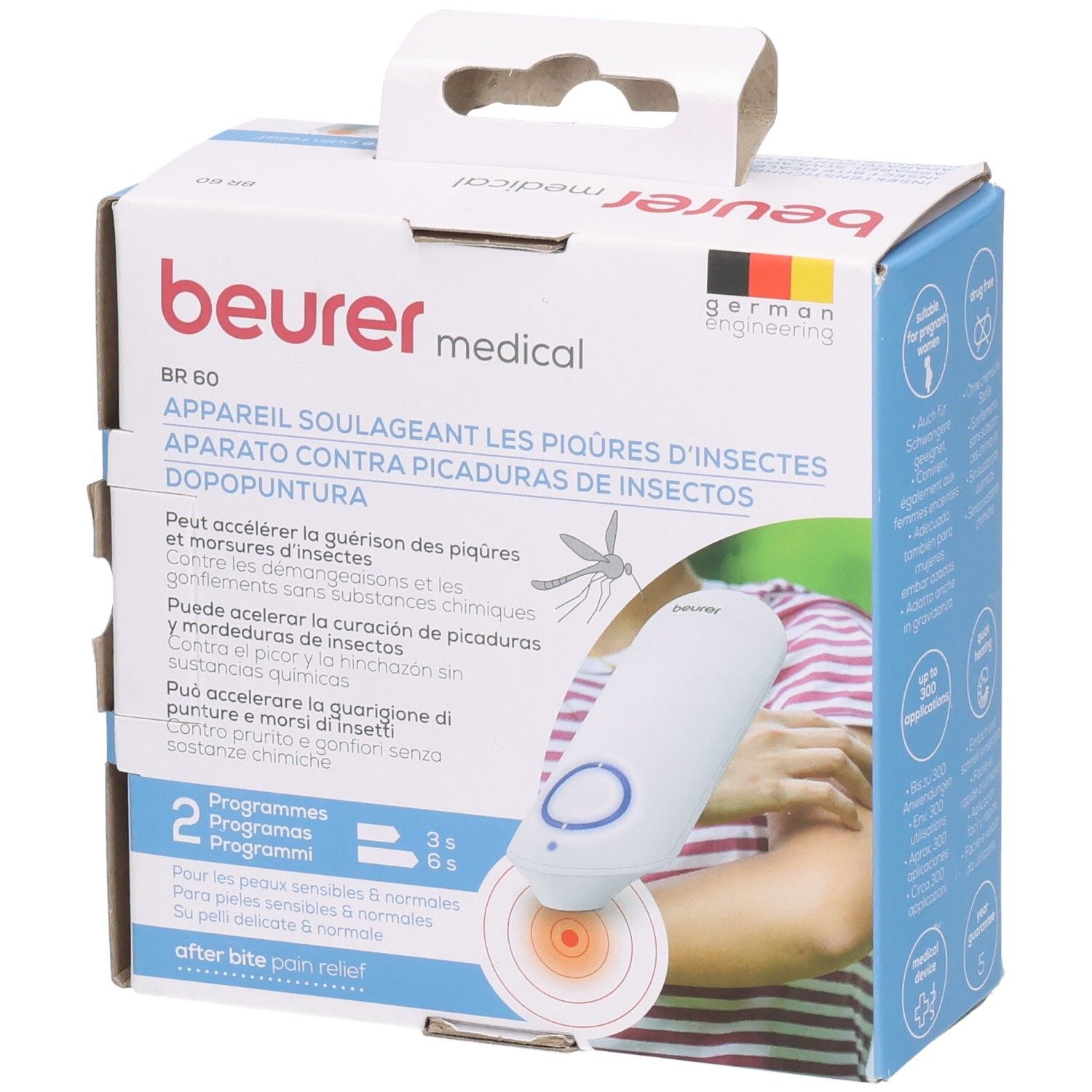 Beurer BR 60 Insektenstichheiler Verpackung, mit Produktinformationen in mehreren Sprachen.