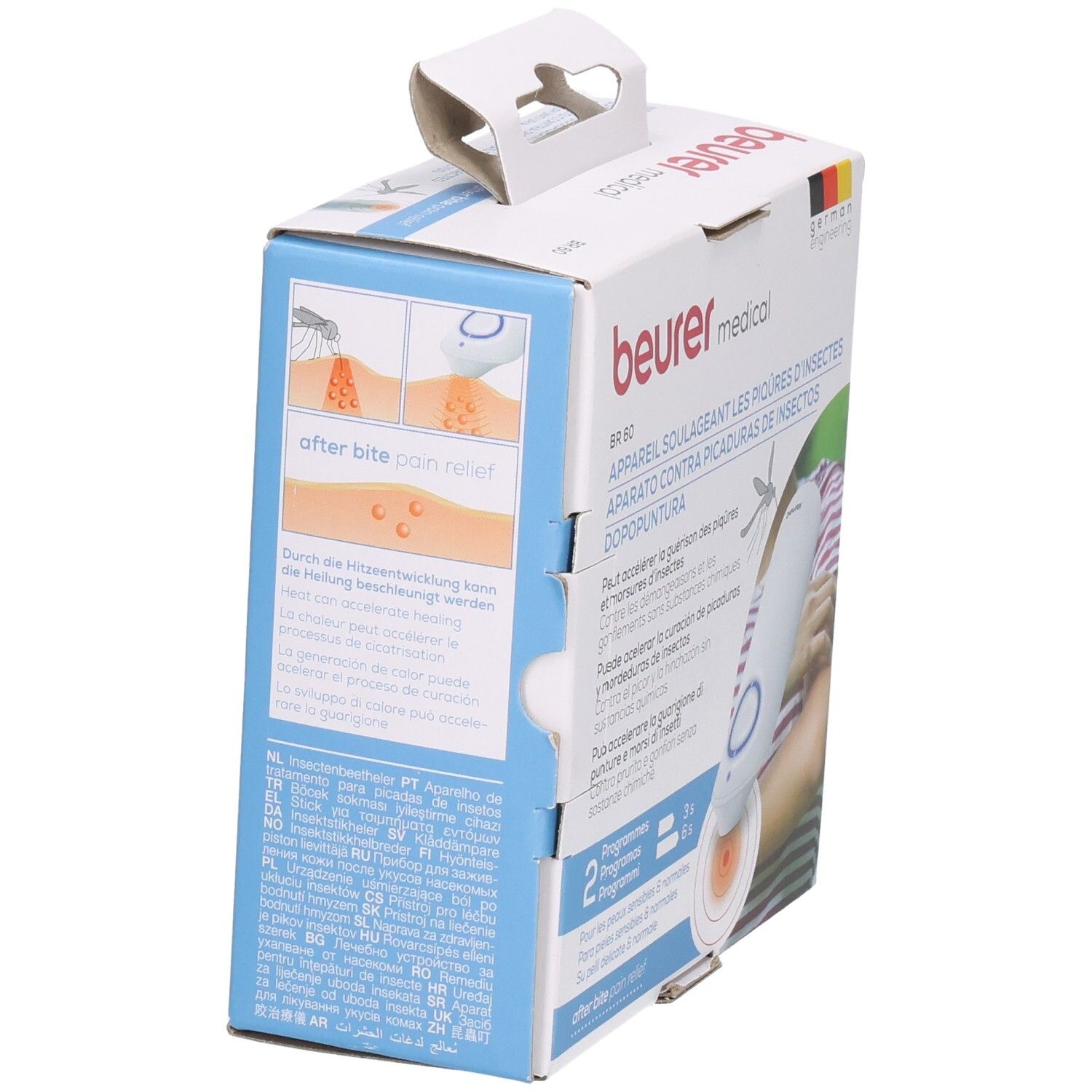 Seite der Beurer BR 60 Verpackung mit Anwendungshinweisen und Produktmerkmalen.