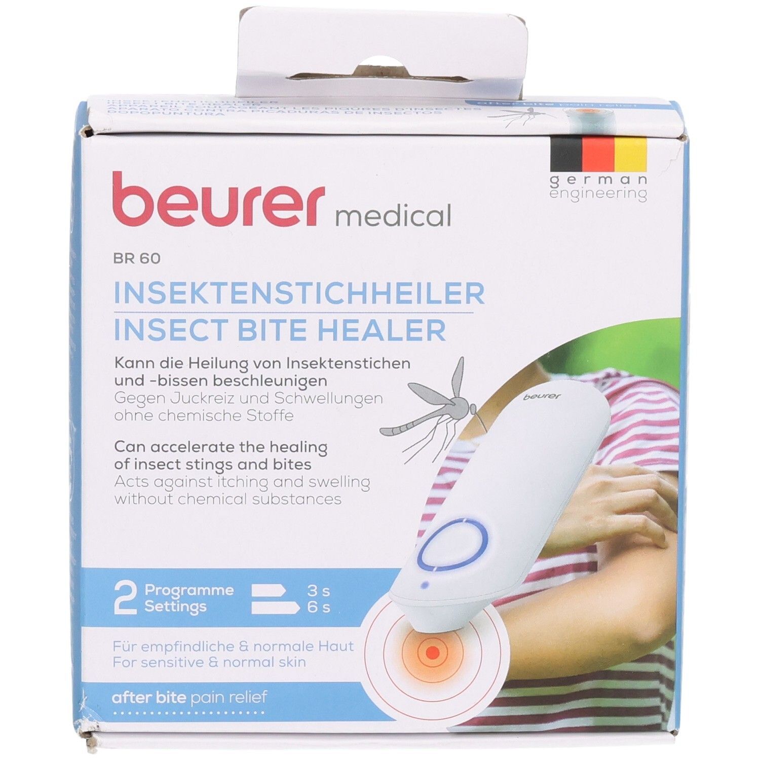 Beurer BR 60 Insektenstichheiler auf Verpackung, mit deutschen und englischen Produktinformationen.