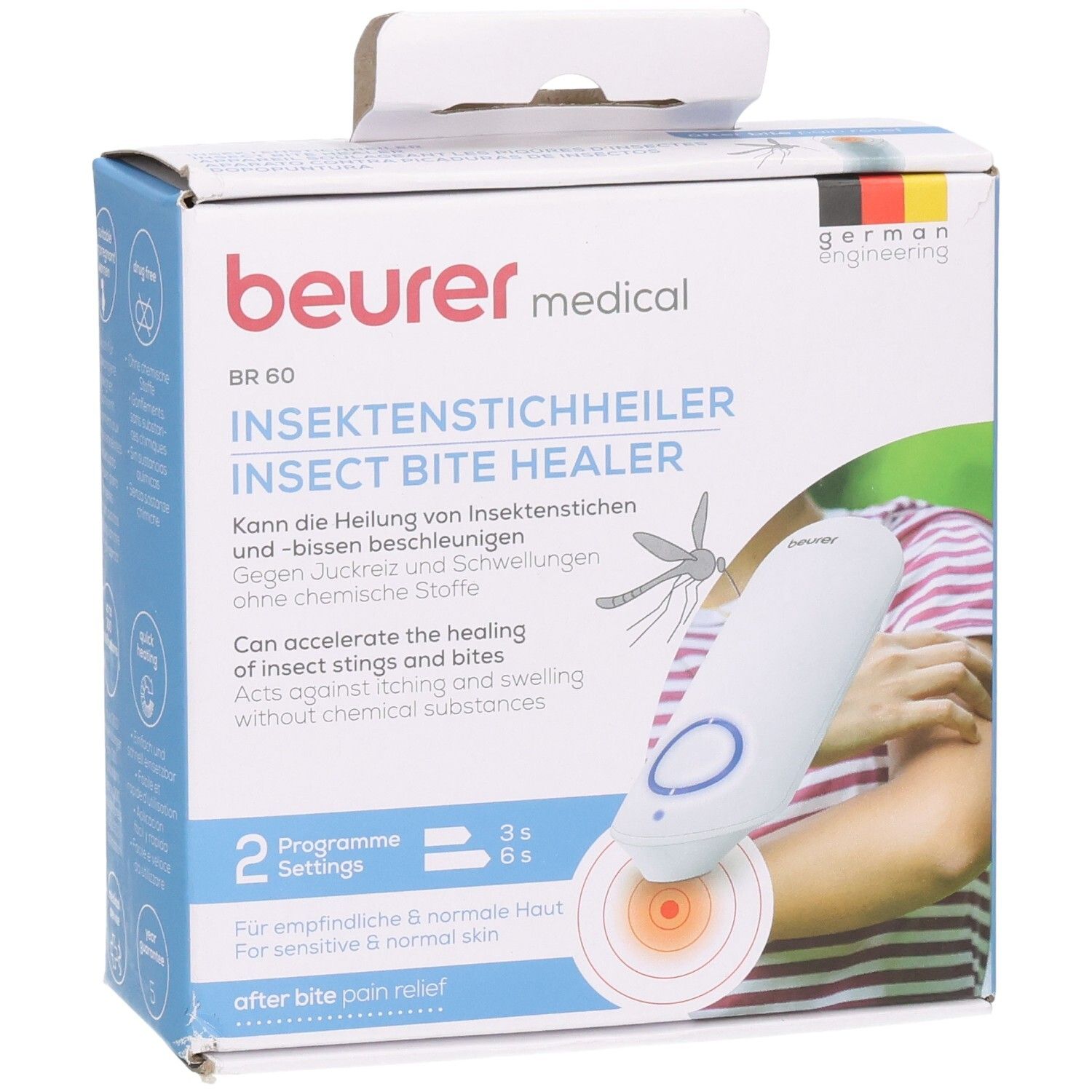 Beurer BR 60 Insektenstichheiler auf Verpackung, mit deutschen und englischen Produktinformationen.