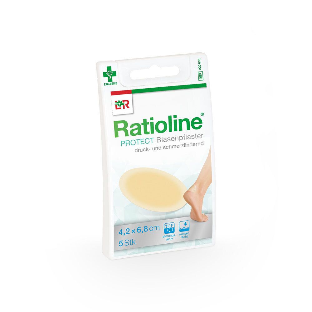 Ratioline PROTECT Blasenpflaster. Weiße Verpackung mit Pflasterabbildung und Fuß. Größe: 4,2 x 6,8 cm. 5 Stück.