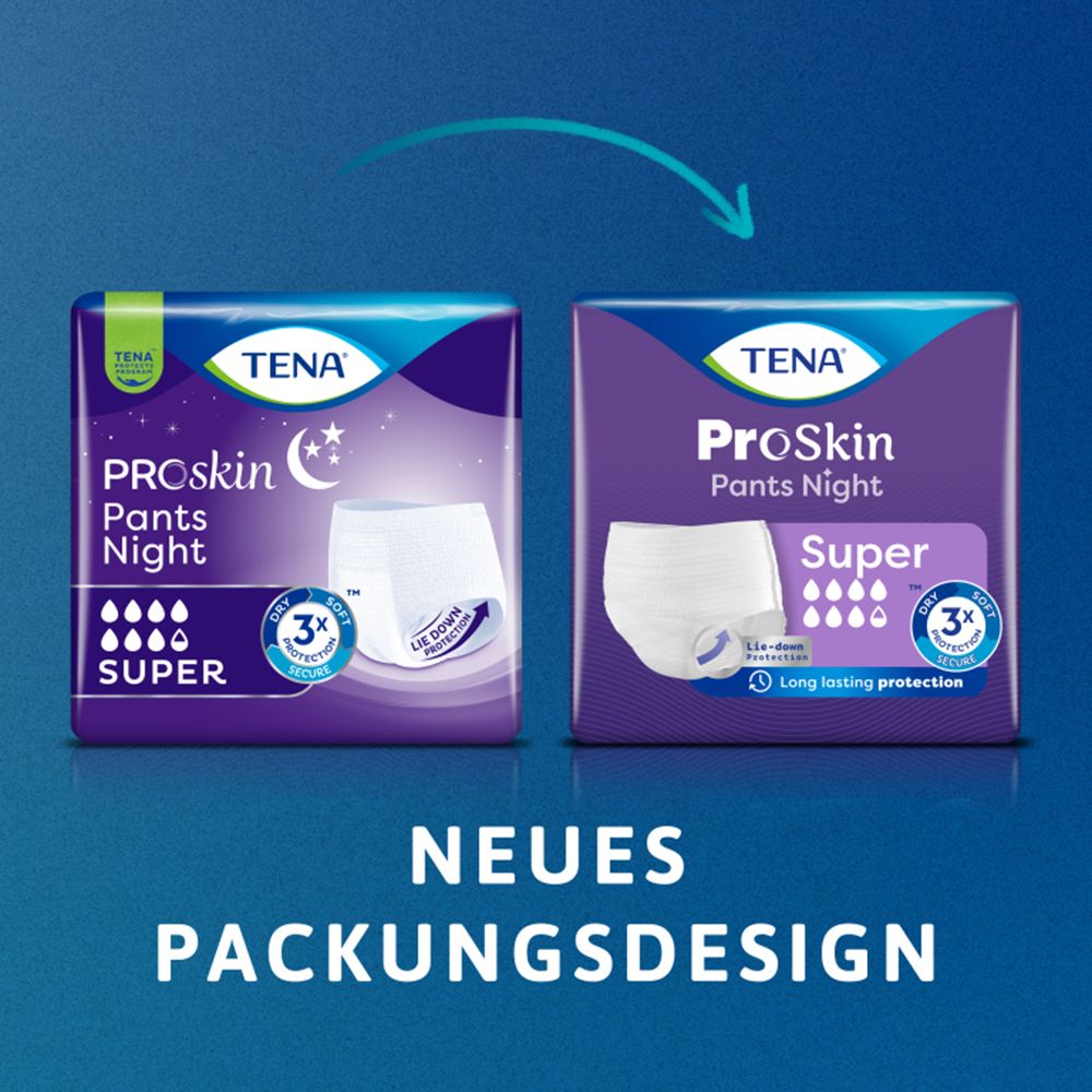 Zwei Verpackungen von TENA ProSkin Pants Night Super. Neues Packungsdesign. Logo und Produktbezeichnungen.