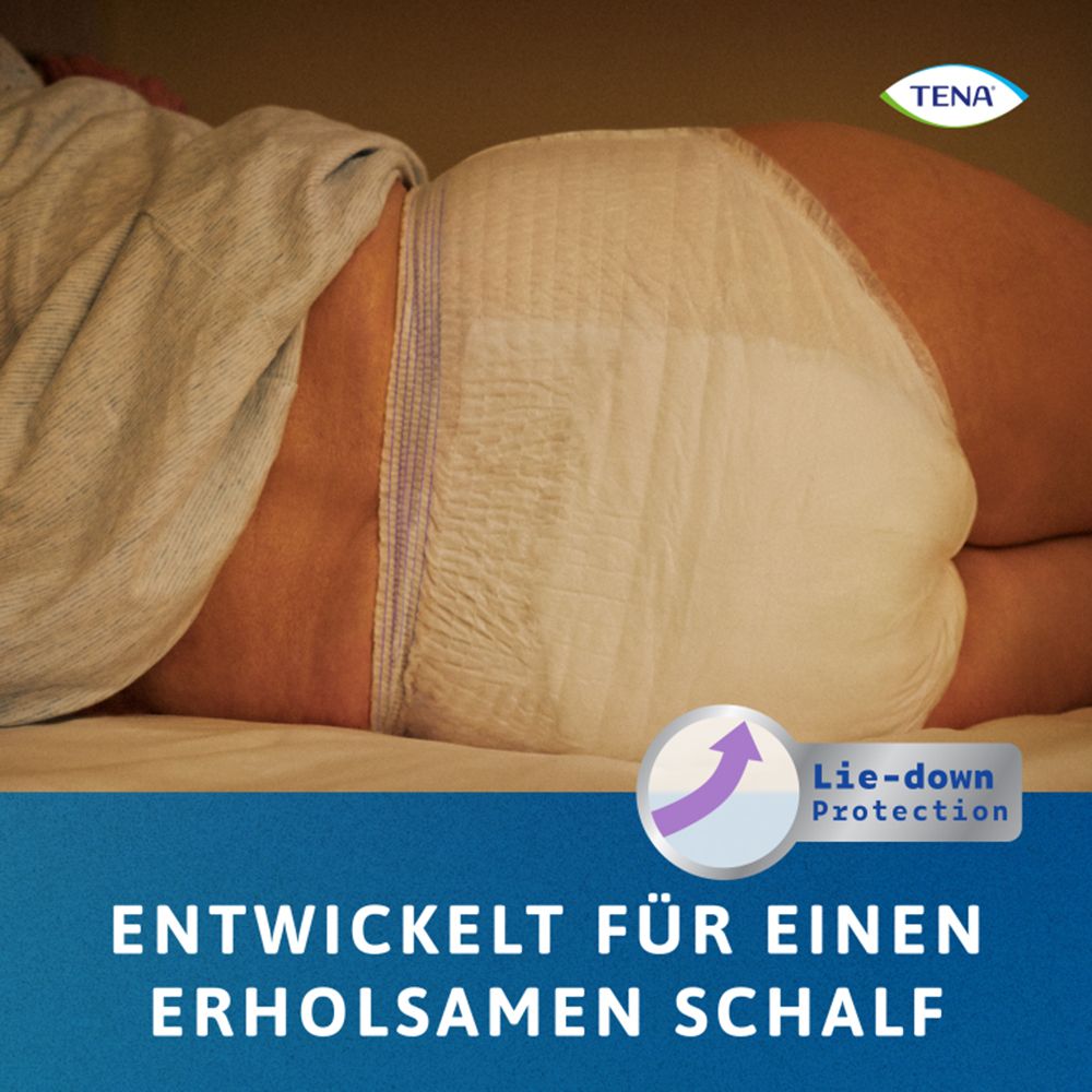 Person liegt auf dem Bauch. TENA-Pants. Text: Entwickelt für einen erholsamen Schlaf. Mit Lie-down Protection.