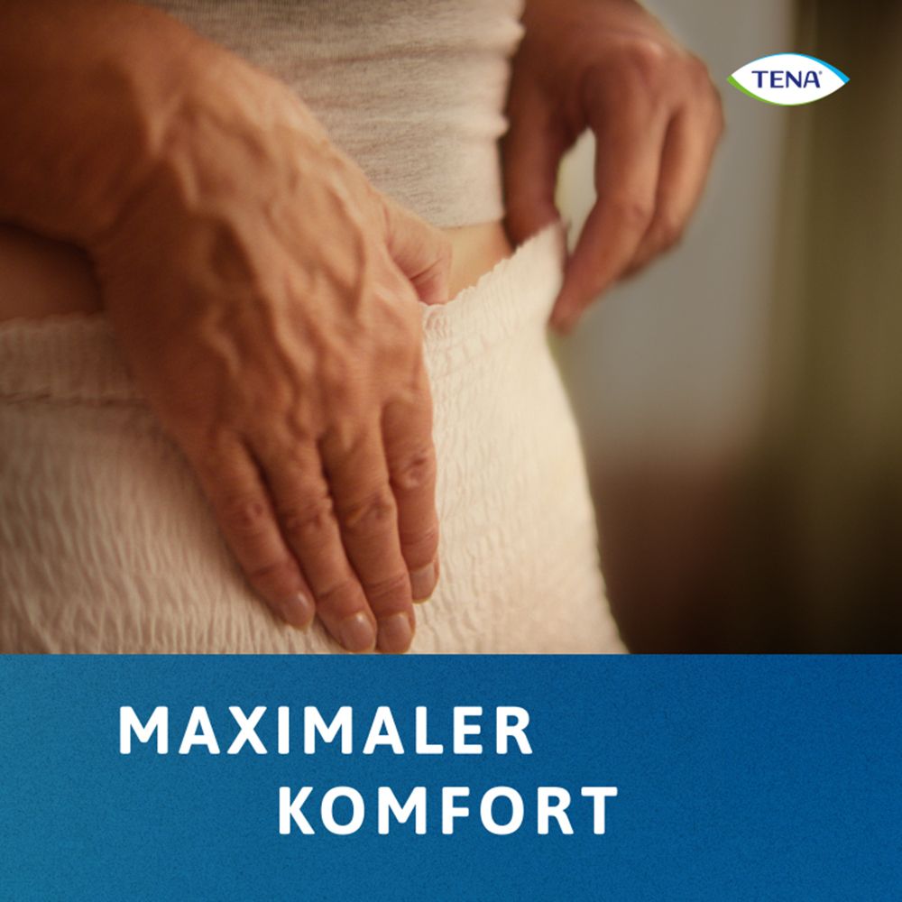 Hände ziehen TENA Pants hoch. Text: Maximaler Komfort.