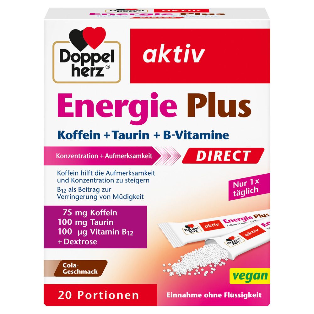 Verpackung von Doppelherz aktiv Energie Plus DIRECT. Enthält 20 Portionen. Vegan. Mit Koffein, Taurin und B-Vitaminen.