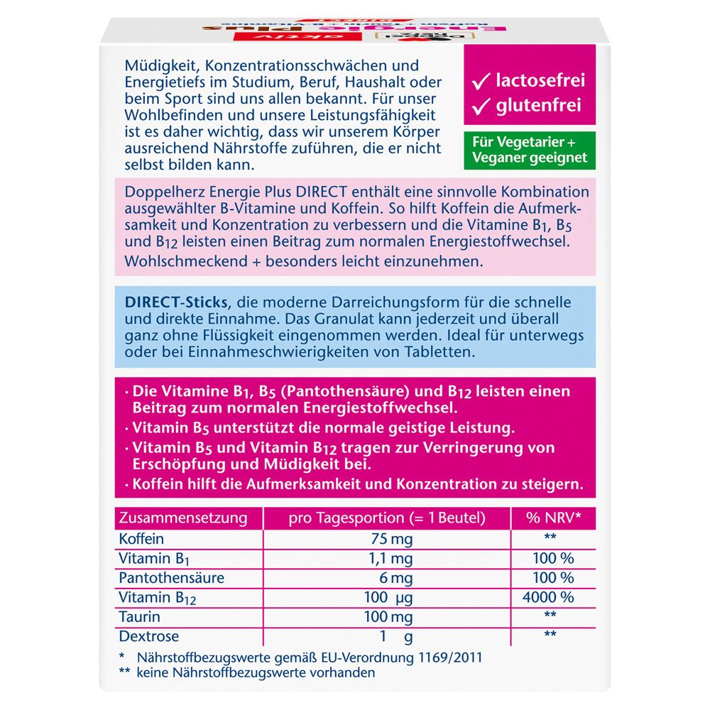 Rückseite der Doppelherz aktiv Energie Plus DIRECT Verpackung. Informationen zu Inhaltsstoffen, Nährwerten und Zertifizierungen.