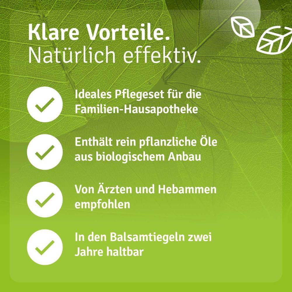 Grüne Grafik mit Text. Klare Vorteile. Enthält pflanzliche Öle. Von Ärzten und Hebammen empfohlen.