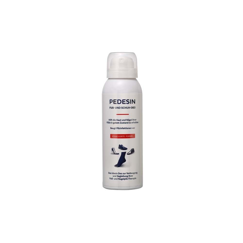 Weiße Sprühflasche mit "PEDESIN Fuß-und Schuh-Deo"-Aufdruck. Abbildung von Schuhen und Füßen.