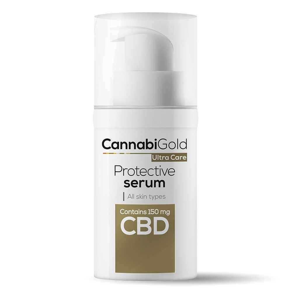 Weiße Flasche mit Pumpverschluss. Aufschrift: CannabiGold Ultra Care Protective Serum, enthält 150 mg CBD.