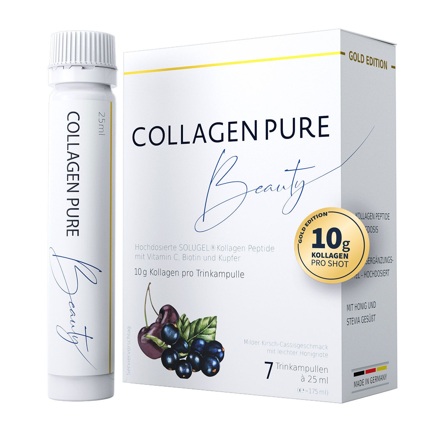 COLLAGEN PURE Beauty Trinkampulle und Verpackung. Enthält 10g Kollagen. Gold Edition. Mit Kirsch-Cassis-Geschmack.