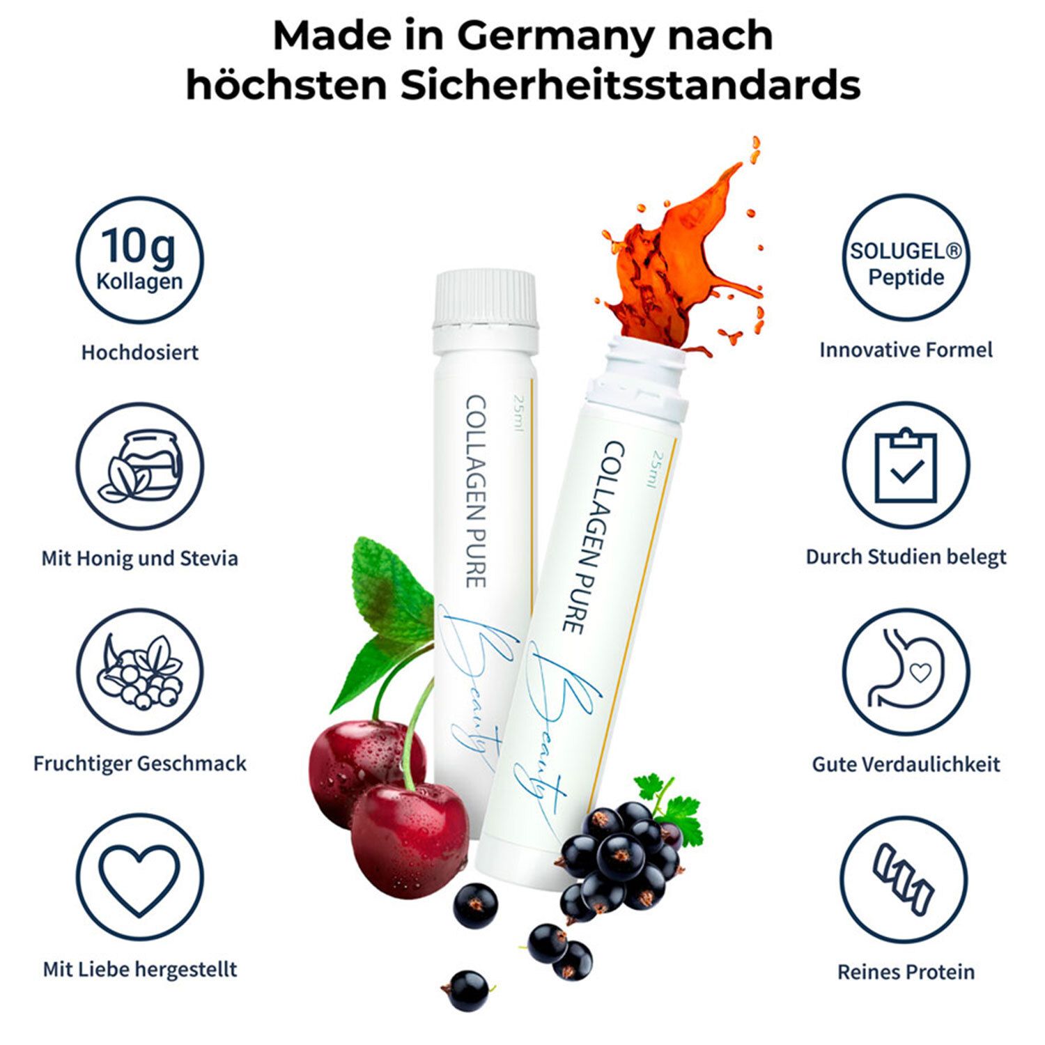 Infografik mit Icons und Text. Zeigt 10g Kollagen, Honig, Stevia, fruchtigen Geschmack, reines Protein und mehr.