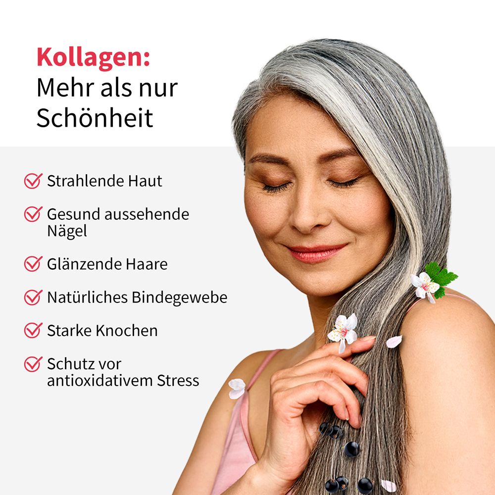 Frau mit grauen Haaren. Text: Strahlende Haut, gesunde Nägel, glänzende Haare, Bindegewebe, starke Knochen.