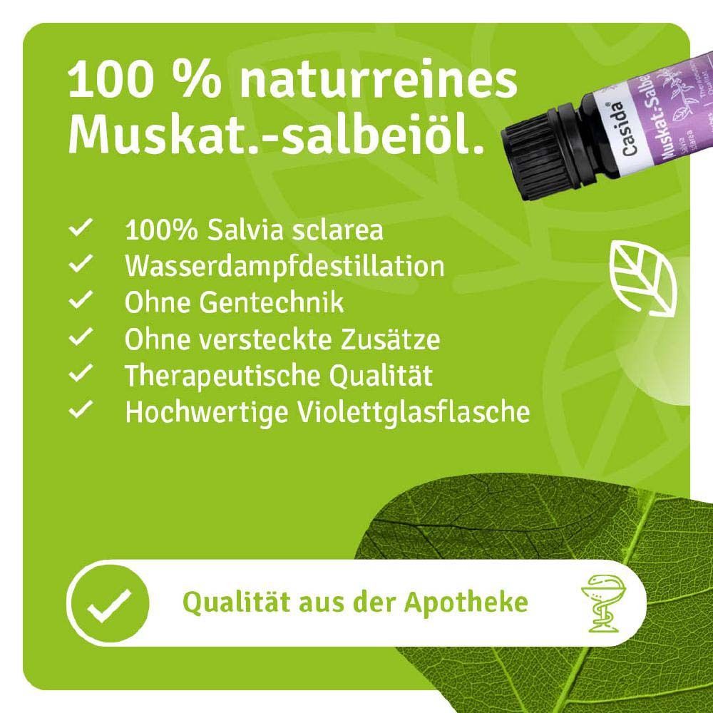 Produktflasche neben Text. 100% naturreines Muskatellersalbeiöl. Qualität aus der Apotheke. Checkliste mit Eigenschaften.