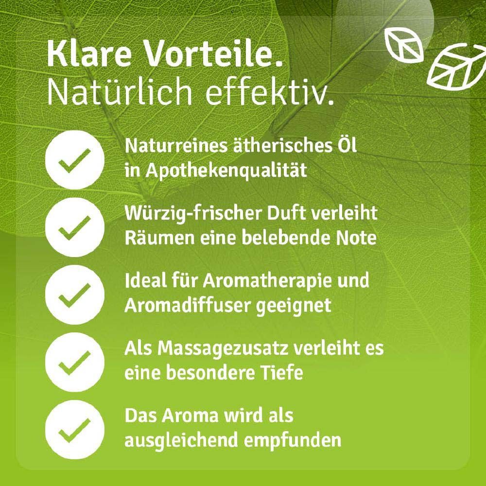 Produktflasche neben Text. Vorteile: naturreines ätherisches Öl, ideal für Aromatherapie, als Massagezusatz geeignet.